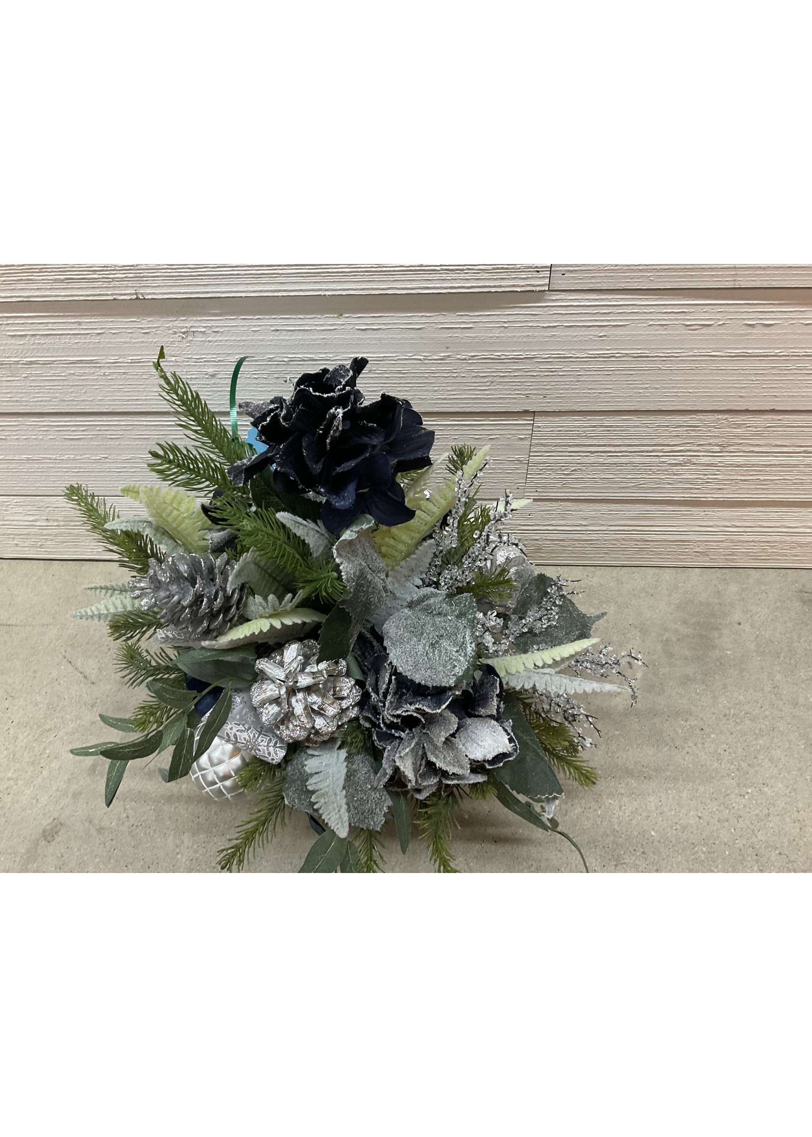 My New Favorite Thing Centerpiece Evergreen Blue Hydrangea w Silver Pinecones and Ornaments