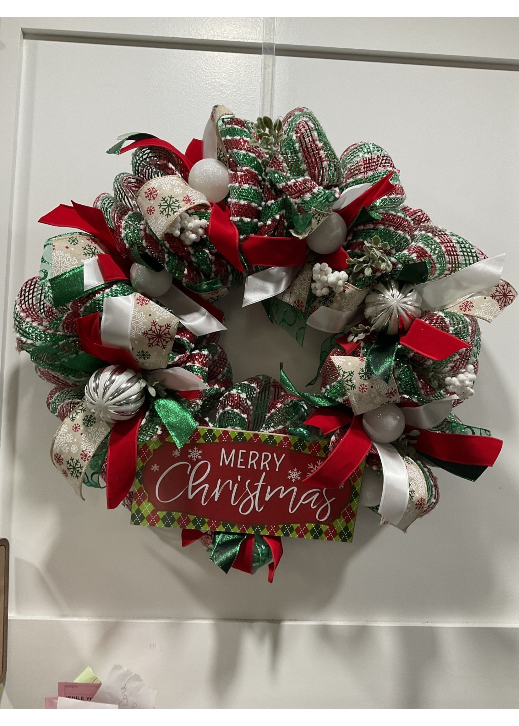 My New Favorite Thing Wreath Mesh "Merry Christmas" with Red and Green Snowflake Ribbon