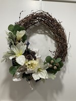 My New Favorite Thing Wreath Grapevine w/ White Flowers, Pinecones & Blue Ribbon