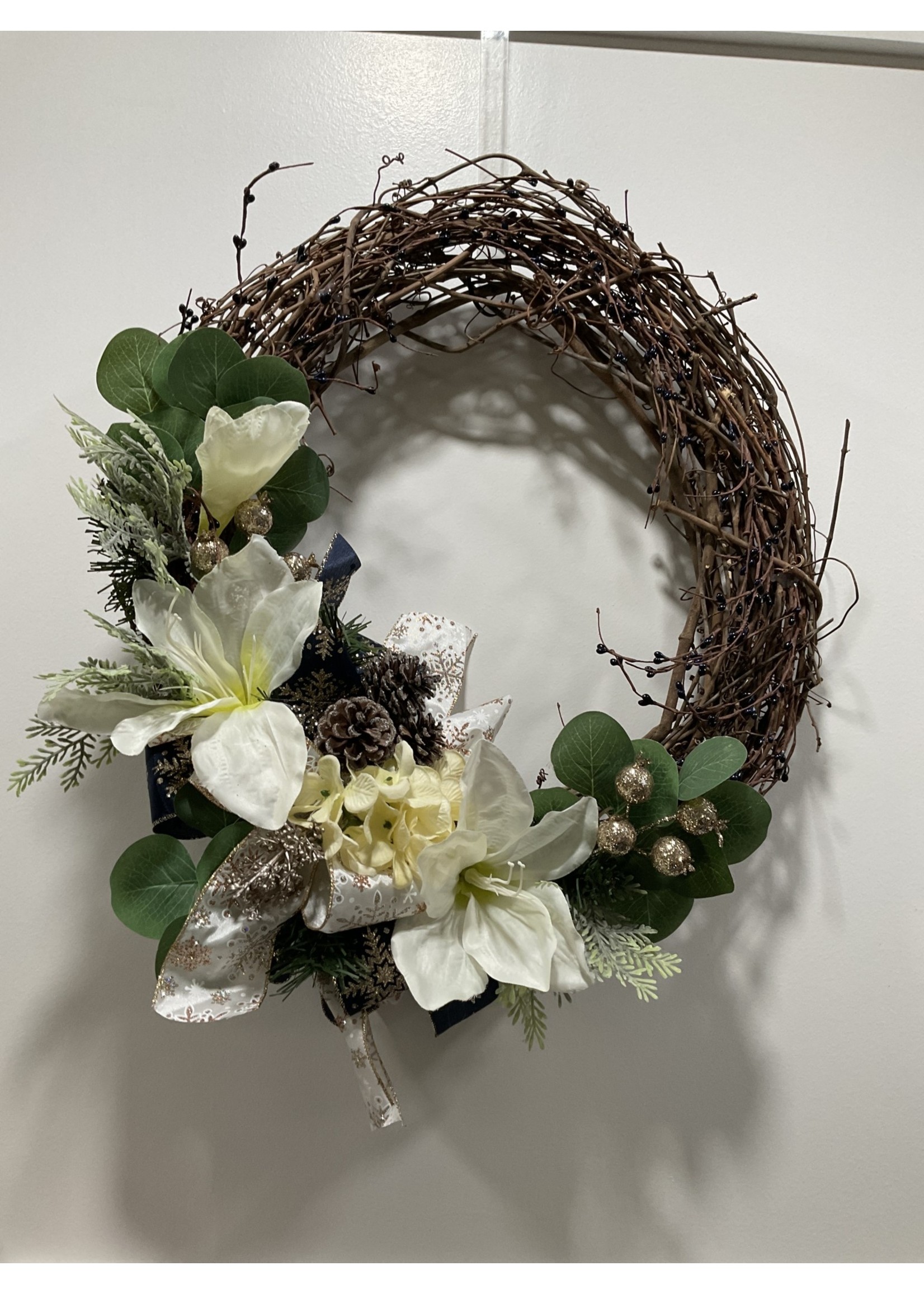 My New Favorite Thing Wreath Grapevine w/ White Flowers, Pinecones & Blue Ribbon