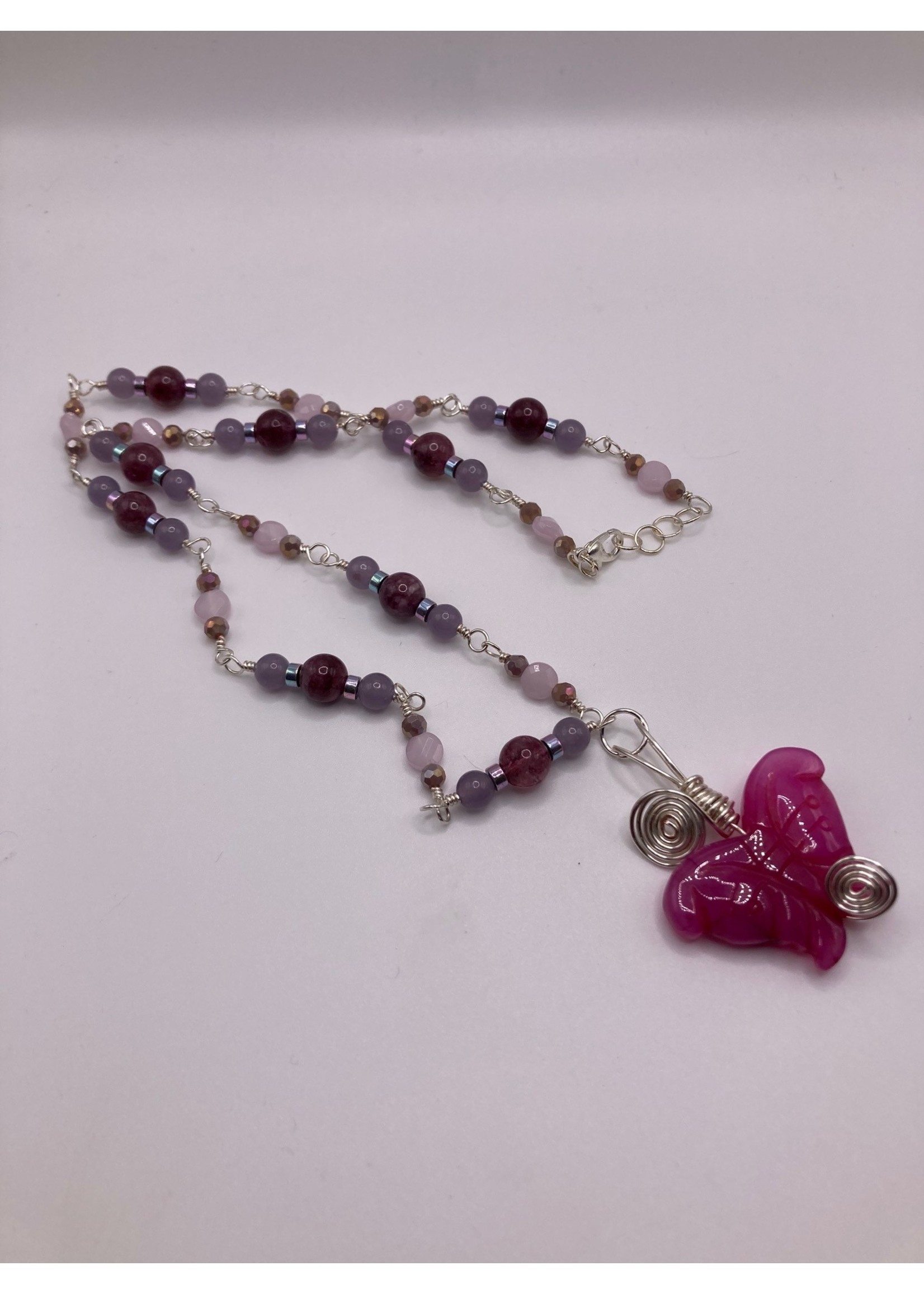 Our Twisted Dahlia Pink Dyed Agate Butterfly Accented with Amethyst and Purple Lepidolite Necklace