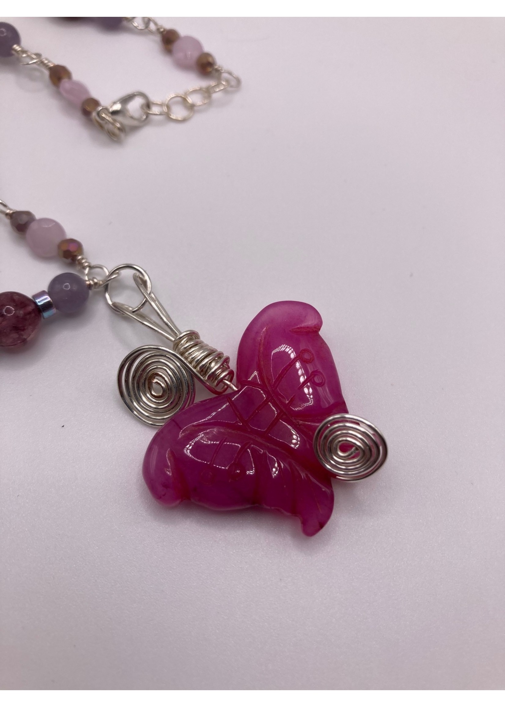 Our Twisted Dahlia Pink Dyed Agate Butterfly Accented with Amethyst and Purple Lepidolite Necklace