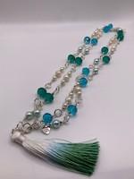 Our Twisted Dahlia Double Wrap Freshwater Pearls with Blue Crystals and Tassel Necklace