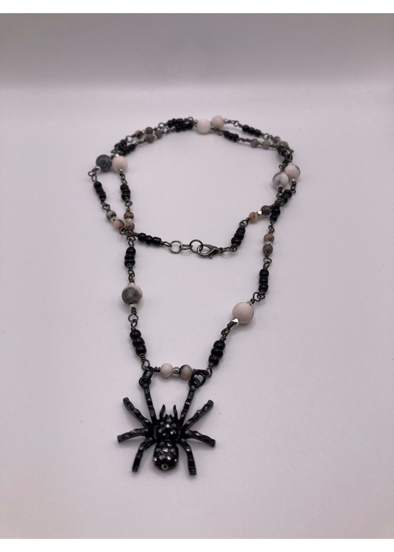 Our Twisted Dahlia Pink Zebra Jasper, Black Seed Beads, and Black Spider with Rhinestone Necklace