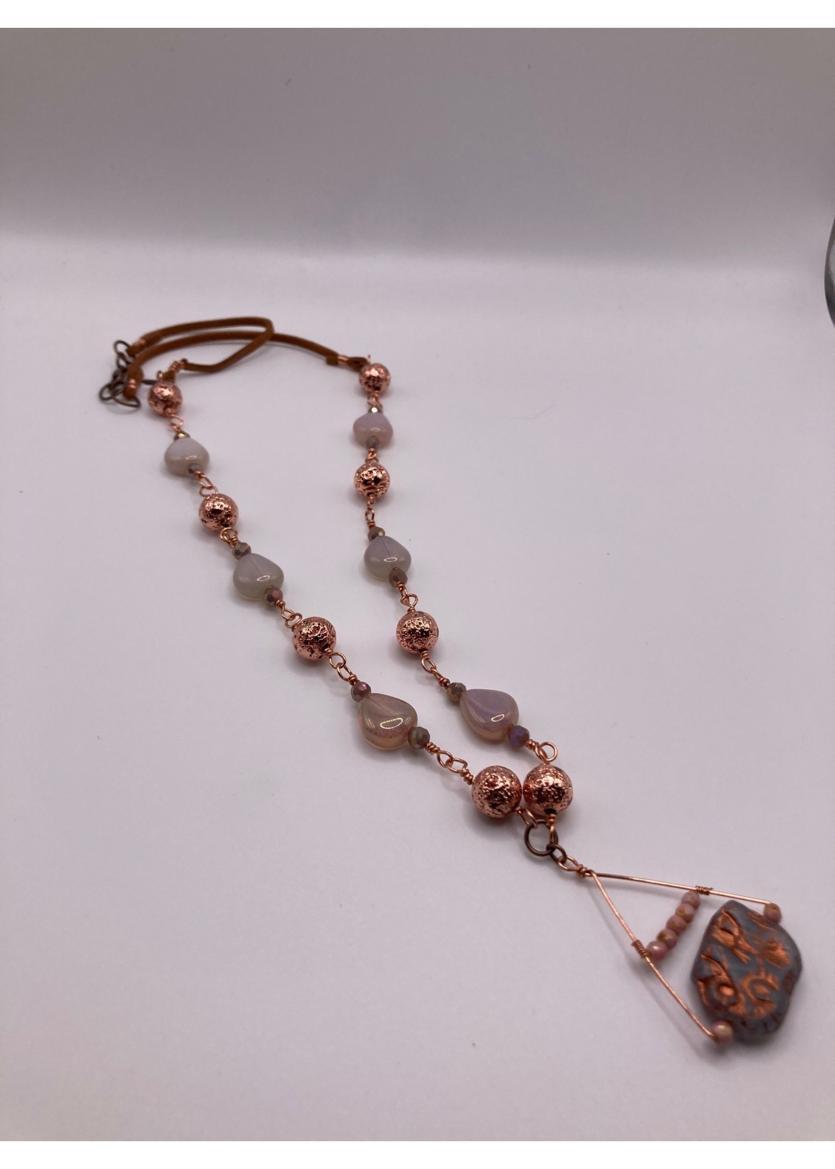 Our Twisted Dahlia Opalite Triangle Beads and Copper Covered Lava Beads with Czech Glass Elephant Necklace