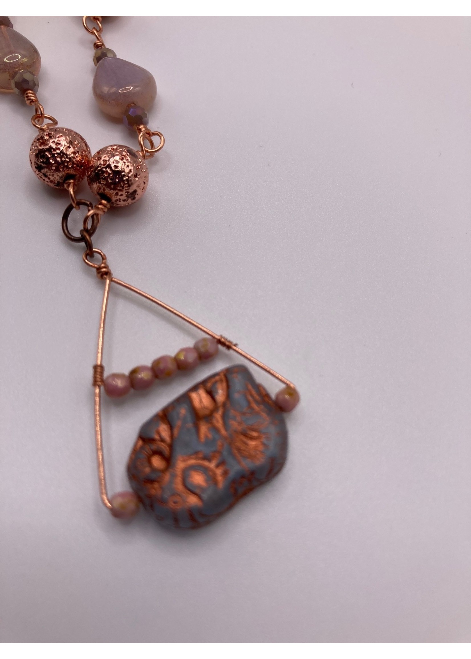 Our Twisted Dahlia Opalite Triangle Beads and Copper Covered Lava Beads with Czech Glass Elephant Necklace