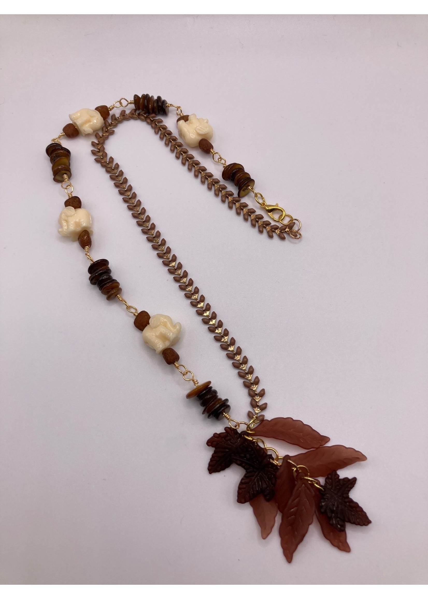Our Twisted Dahlia Hanging leaves with Tigers Eye and Unakite, with Ivory Colored Elephant Beads and Chain Necklace