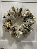 My New Favorite Thing Wreath Mesh with Gold Pinecones, Cream Flowers and Silver and Gold Ribbon