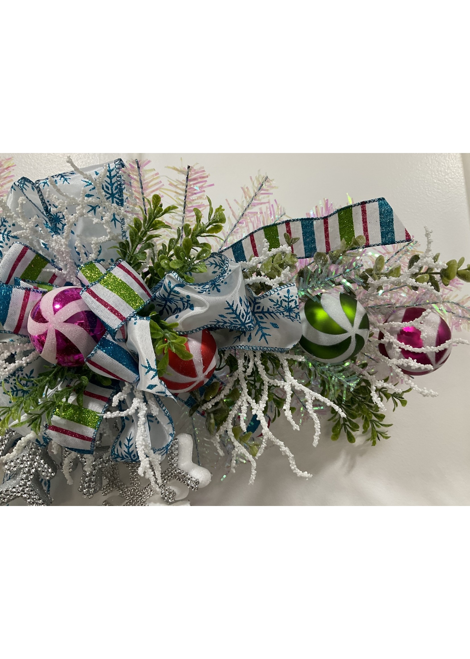 My New Favorite Thing Swag Boxwood White with Pastel Striped Ornaments, Snowflakes and Striped Ribbon H6"xW28"x13" 