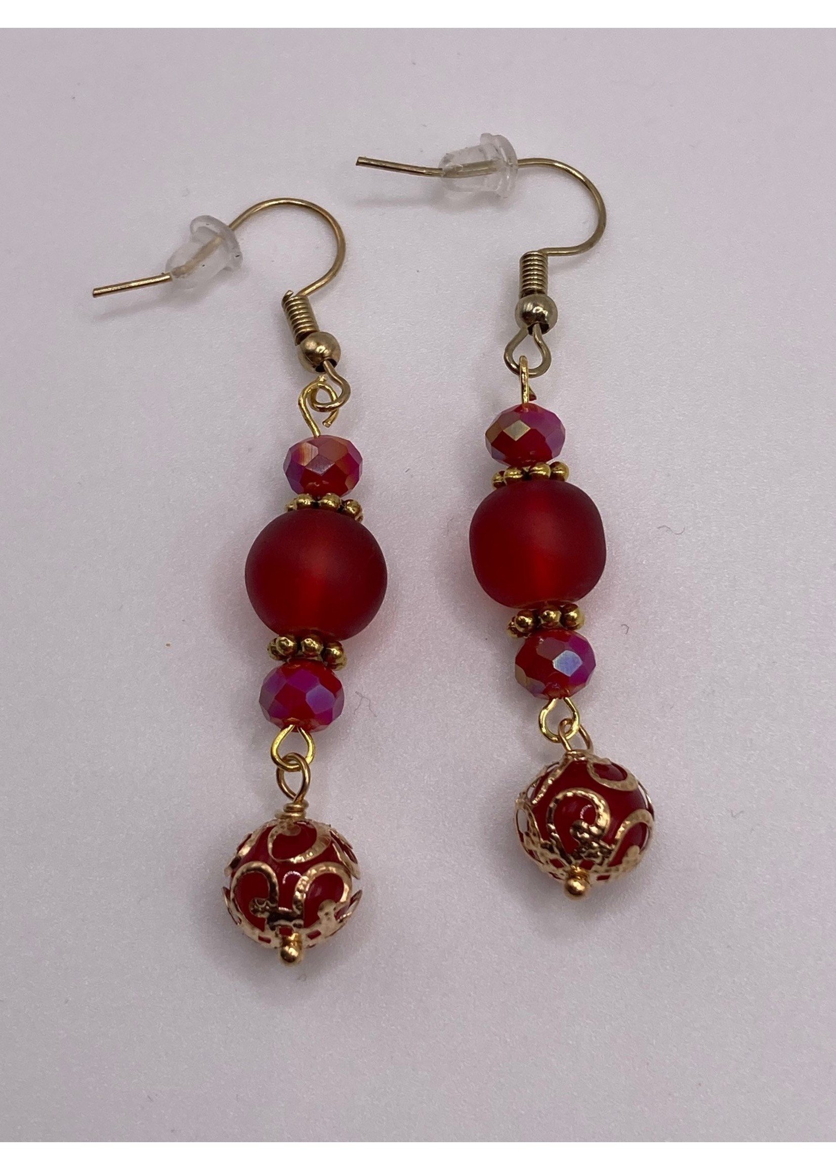Our Twisted Dahlia Ruby Red Glass Beads and Gold Accent Earrings