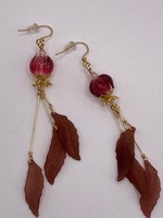 Our Twisted Dahlia Lampwork Glass Tulip in Magenta with Leaves and Gold Accent Earrings
