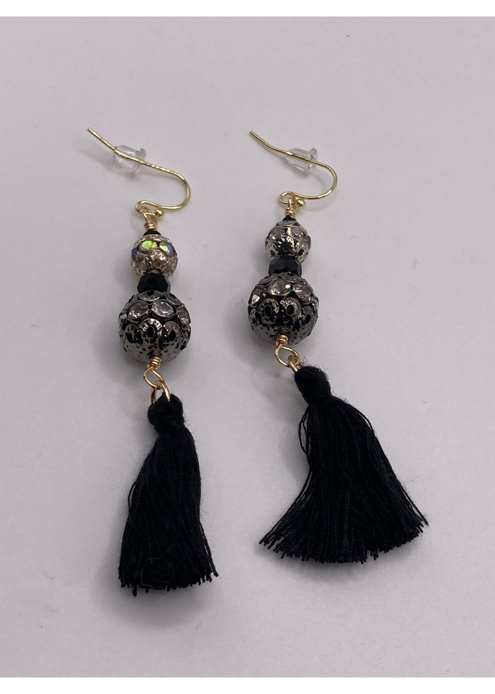 Our Twisted Dahlia Antiqued Metal Beads in Black and Silver with Rhinestones and Black Tassel Earrings