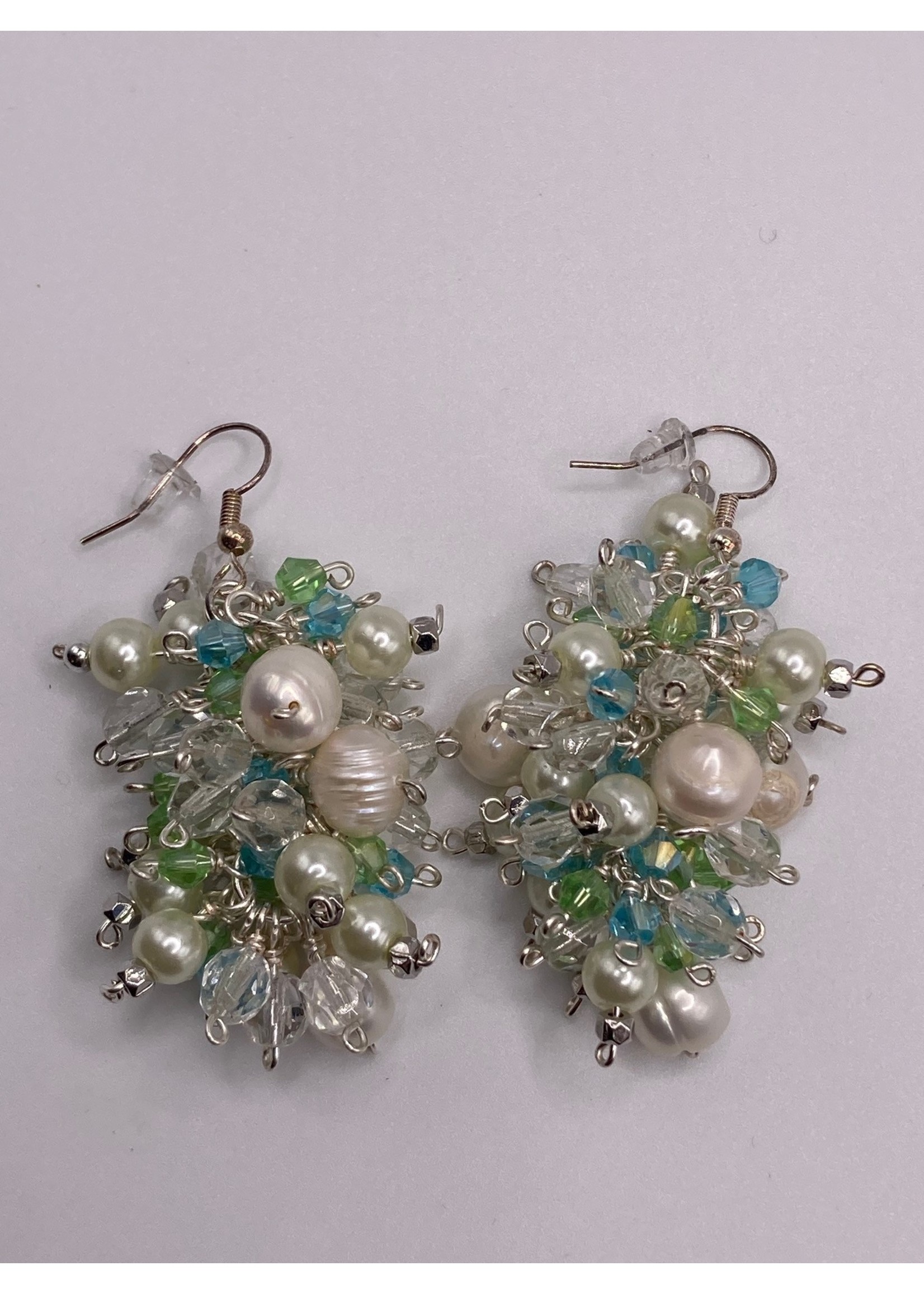 Our Twisted Dahlia Cluster of Freshwater Pearls, Preciosa Crystals in Blues and Greens with Silver Accent Earrings