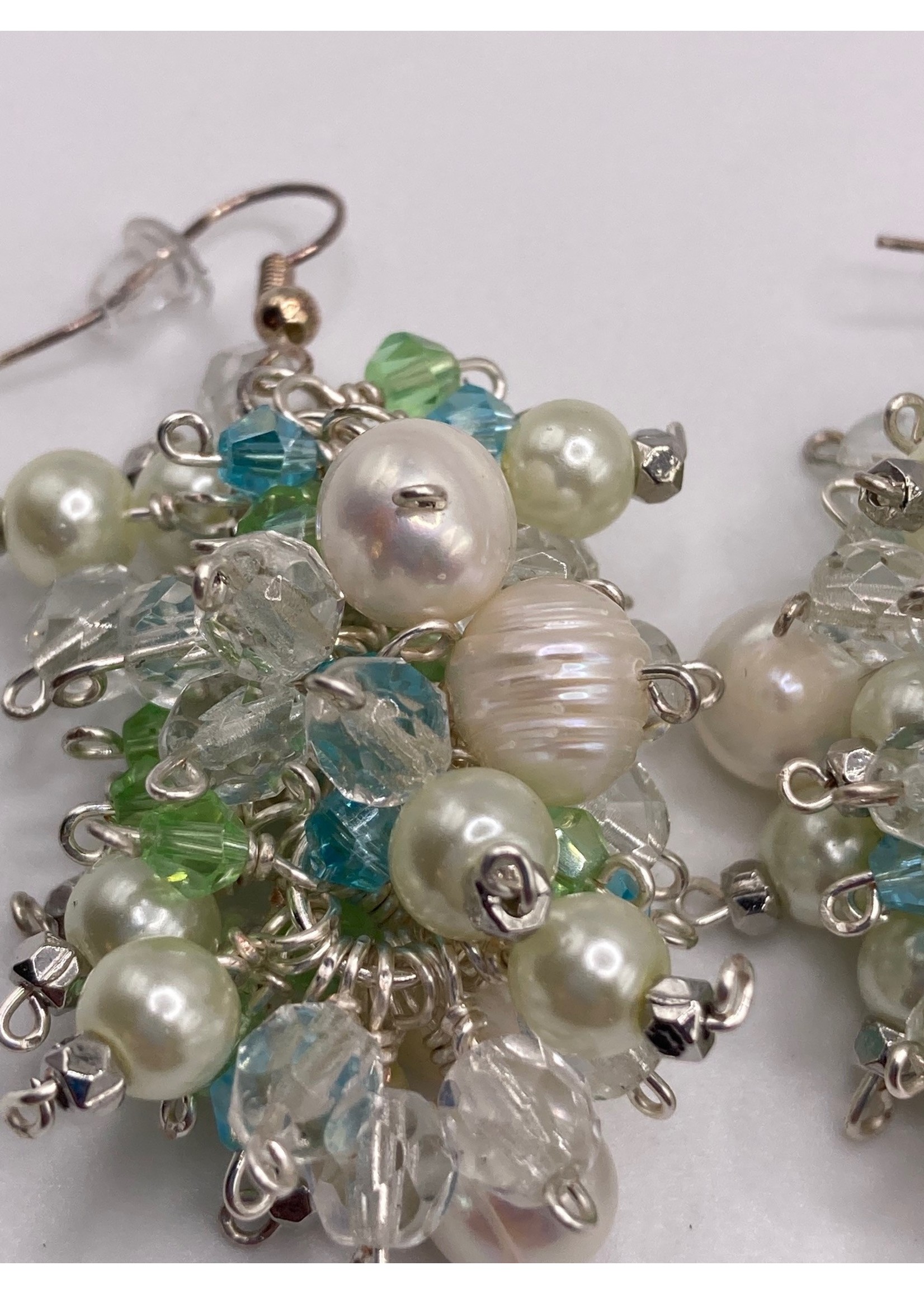 Our Twisted Dahlia Cluster of Freshwater Pearls, Preciosa Crystals in Blues and Greens with Silver Accent Earrings