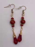 Our Twisted Dahlia Red Carnelian Drop with Ceramic Bead with Gold Wire Wrapping and Accent Earrings