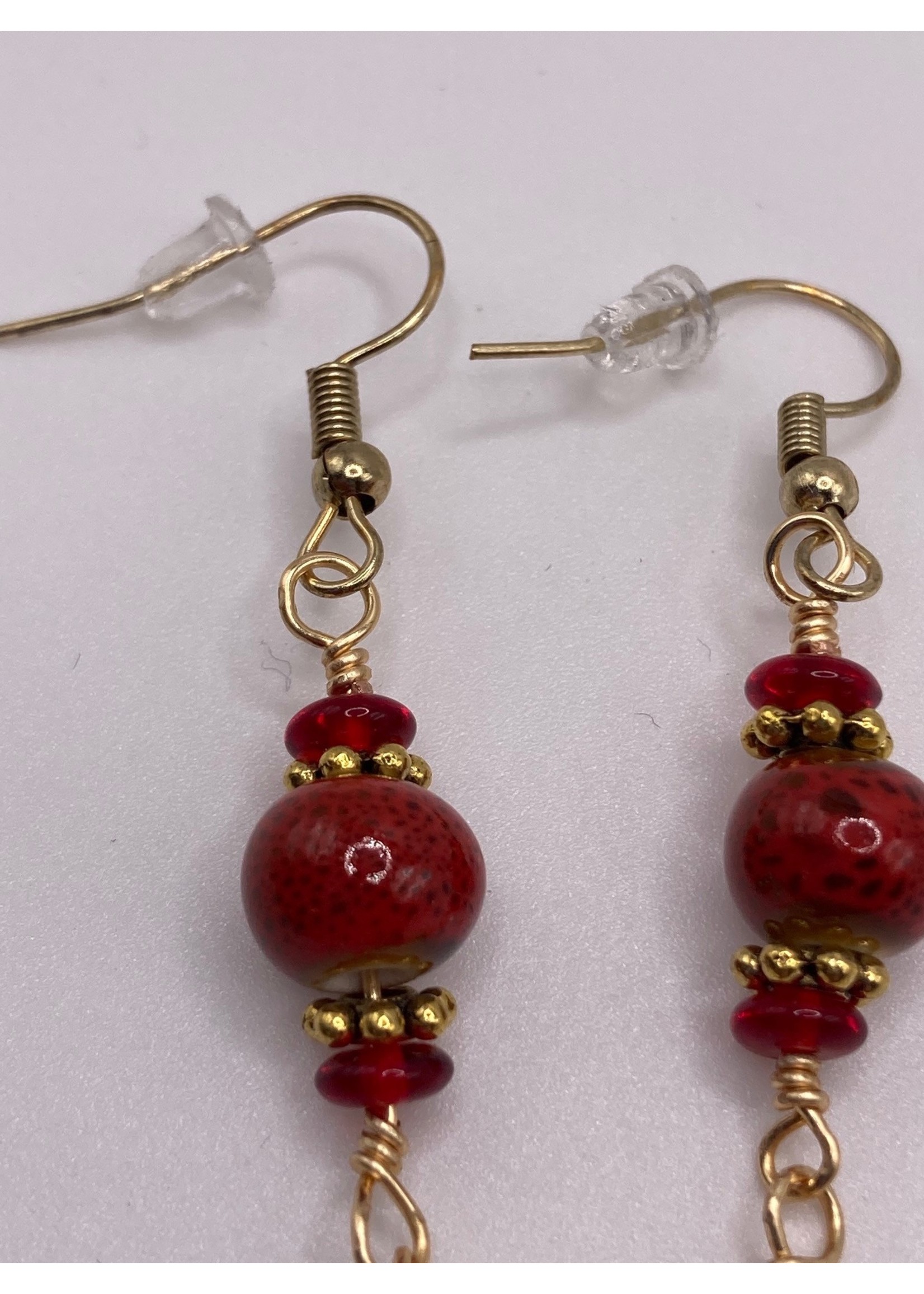 Our Twisted Dahlia Red Carnelian Drop with Ceramic Bead with Gold Wire Wrapping and Accent Earrings