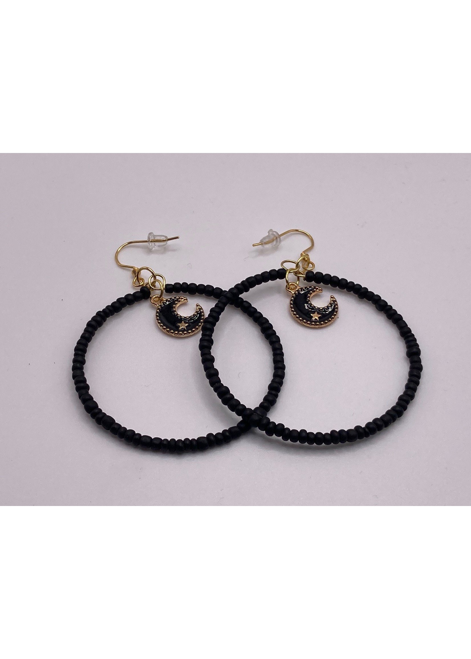 Our Twisted Dahlia Matte Black Seed Bead Hoops with Crescent Moon Charm Earrings