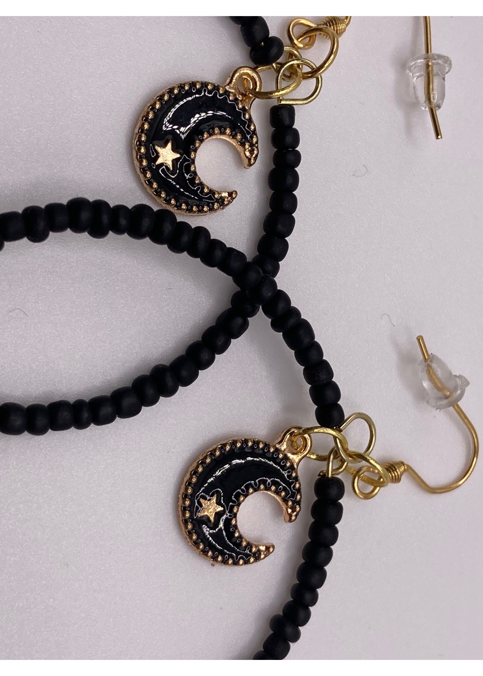 Our Twisted Dahlia Matte Black Seed Bead Hoops with Crescent Moon Charm Earrings