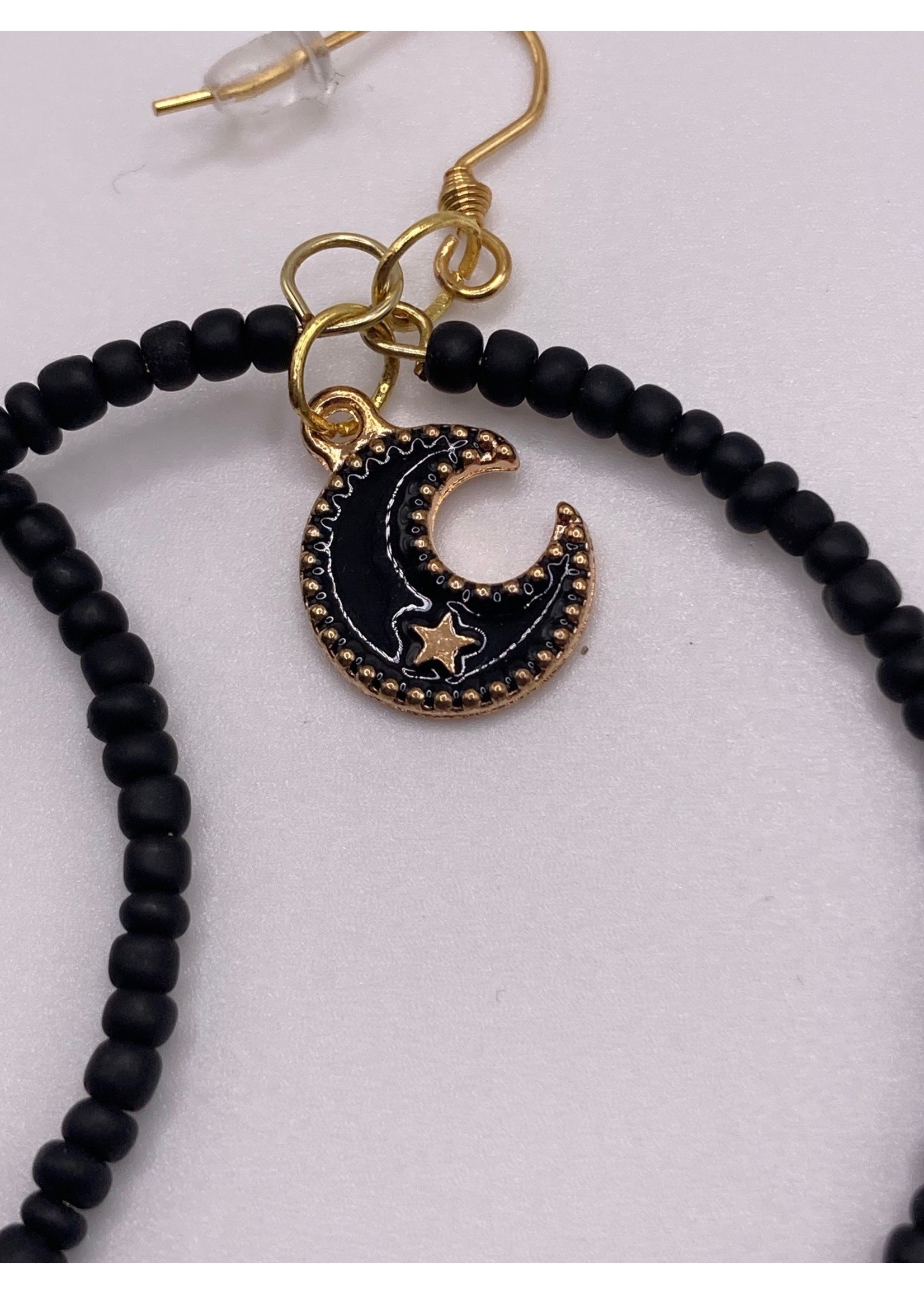 Our Twisted Dahlia Matte Black Seed Bead Hoops with Crescent Moon Charm Earrings