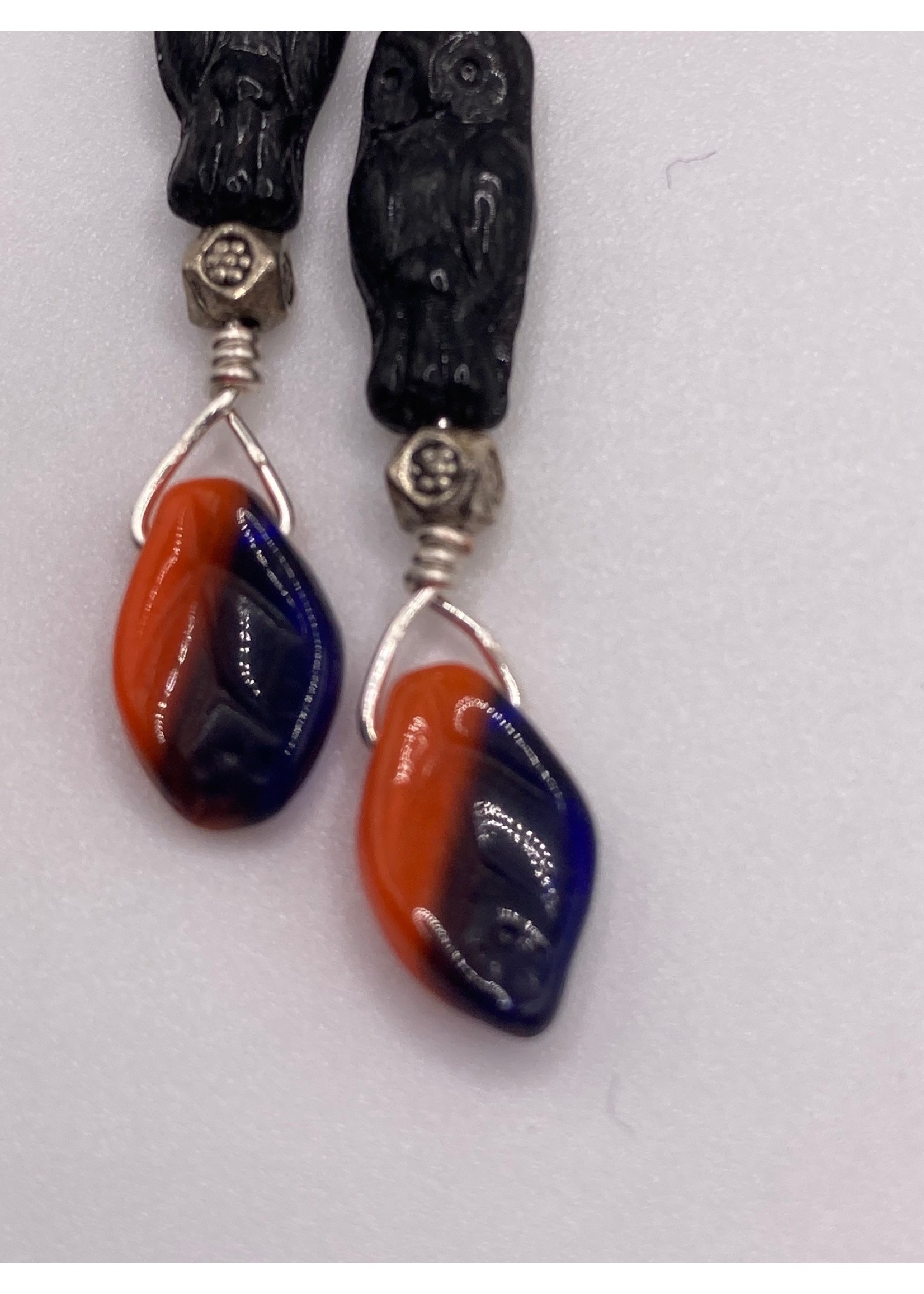 Our Twisted Dahlia Czeck Glass Owl and Leaf Earrings