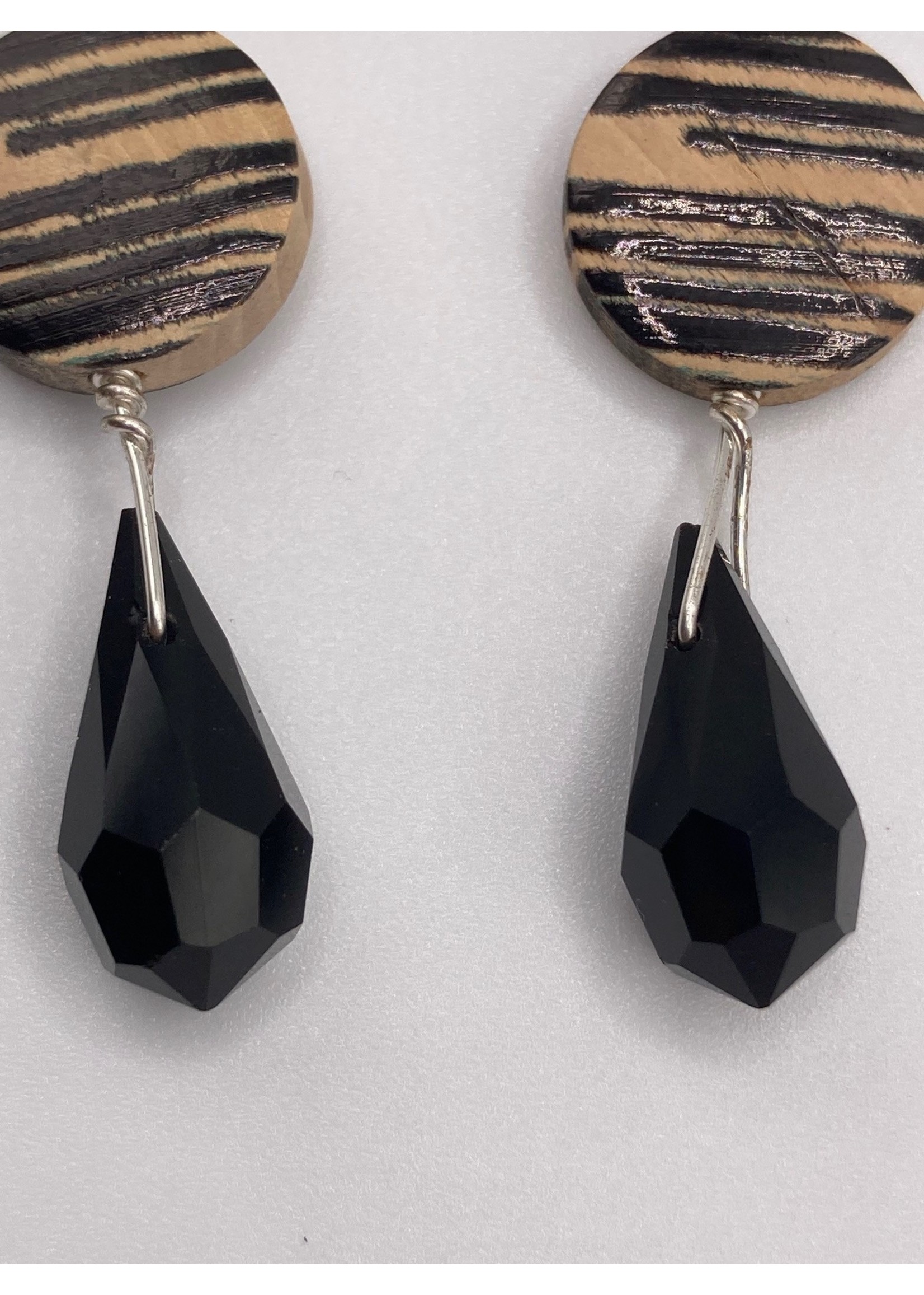 Our Twisted Dahlia Black and Tan Wood Coin with Black Crystal Earrings