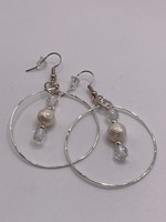 Our Twisted Dahlia Fresh Water Pearl with Clear Crystal in a Hammered Silver Hoop Earrings