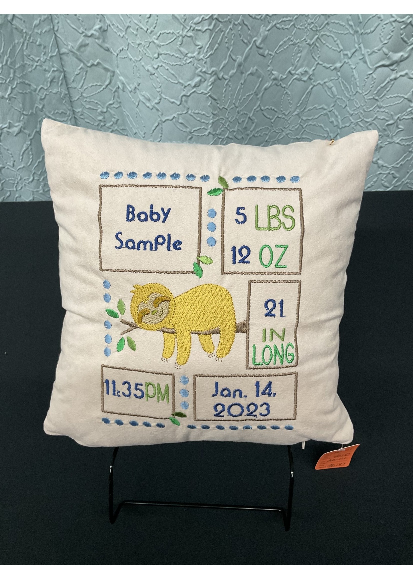 A010-111 Sloth Birth Announcement Pillow Sample