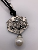 Our Twisted Dahlia Black Suede with Bumblebee Locket in Silver with Freshwater Pearls with Silver Wire Necklace