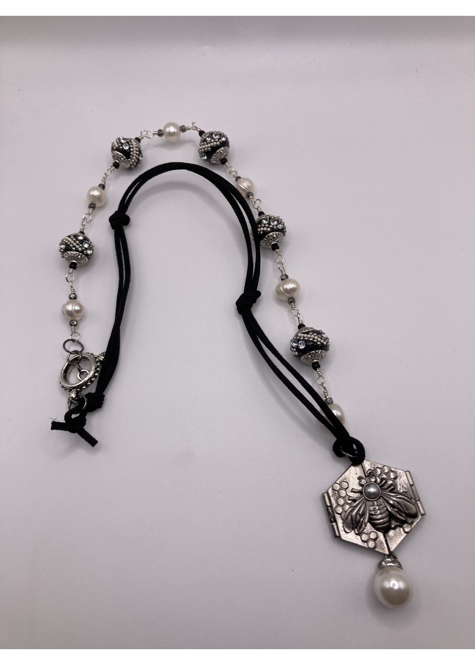 Our Twisted Dahlia Black Suede with Bumblebee Locket in Silver with Freshwater Pearls with Silver Wire Necklace