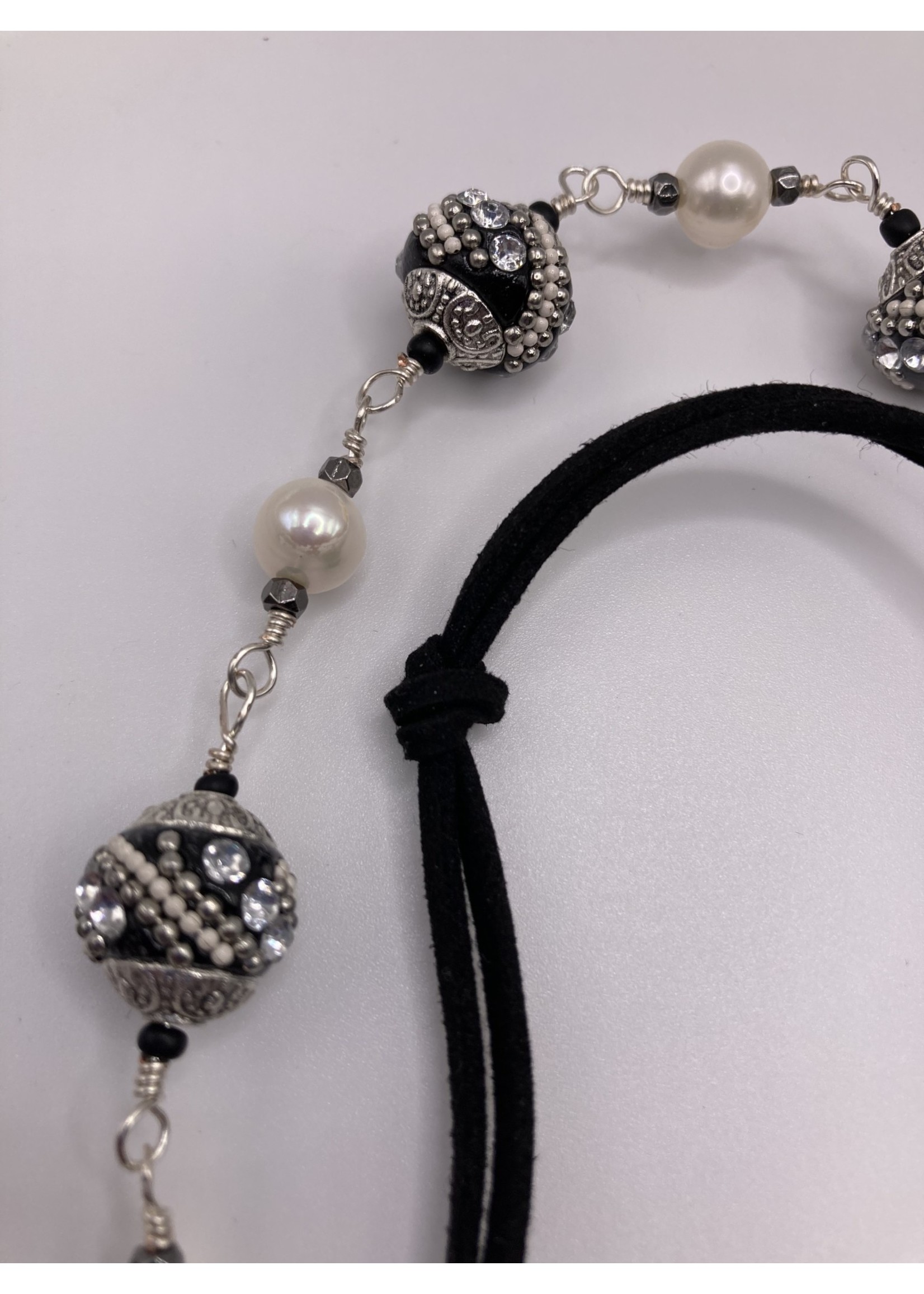 Our Twisted Dahlia Black Suede with Bumblebee Locket in Silver with Freshwater Pearls with Silver Wire Necklace