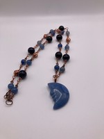 Our Twisted Dahlia N207 Blue Aventurine Moon Pendant and Blue Sunstone, Blue Aventurine Beads with Brass Wire