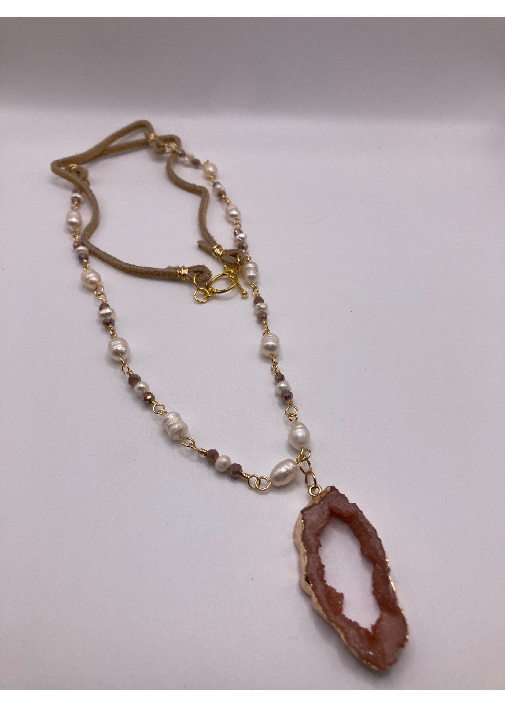 Our Twisted Dahlia N202 Chalcedony Pendant with Freshwater Pearls, Preciosa Crystals, Tan Suede Cording with Gold Wire