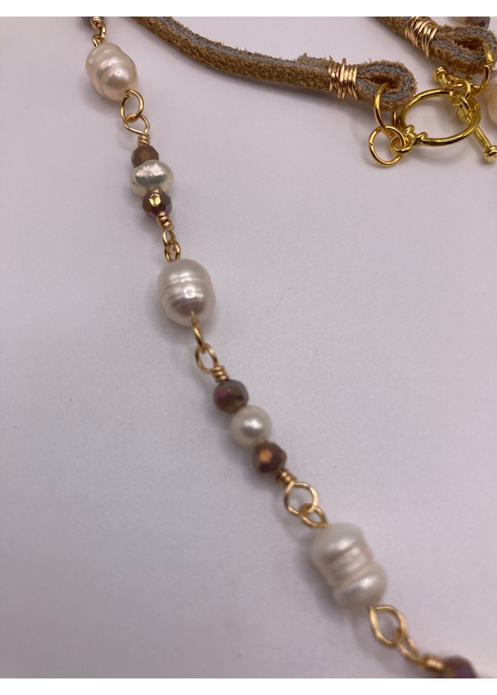 Our Twisted Dahlia N202 Chalcedony Pendant with Freshwater Pearls, Preciosa Crystals, Tan Suede Cording with Gold Wire