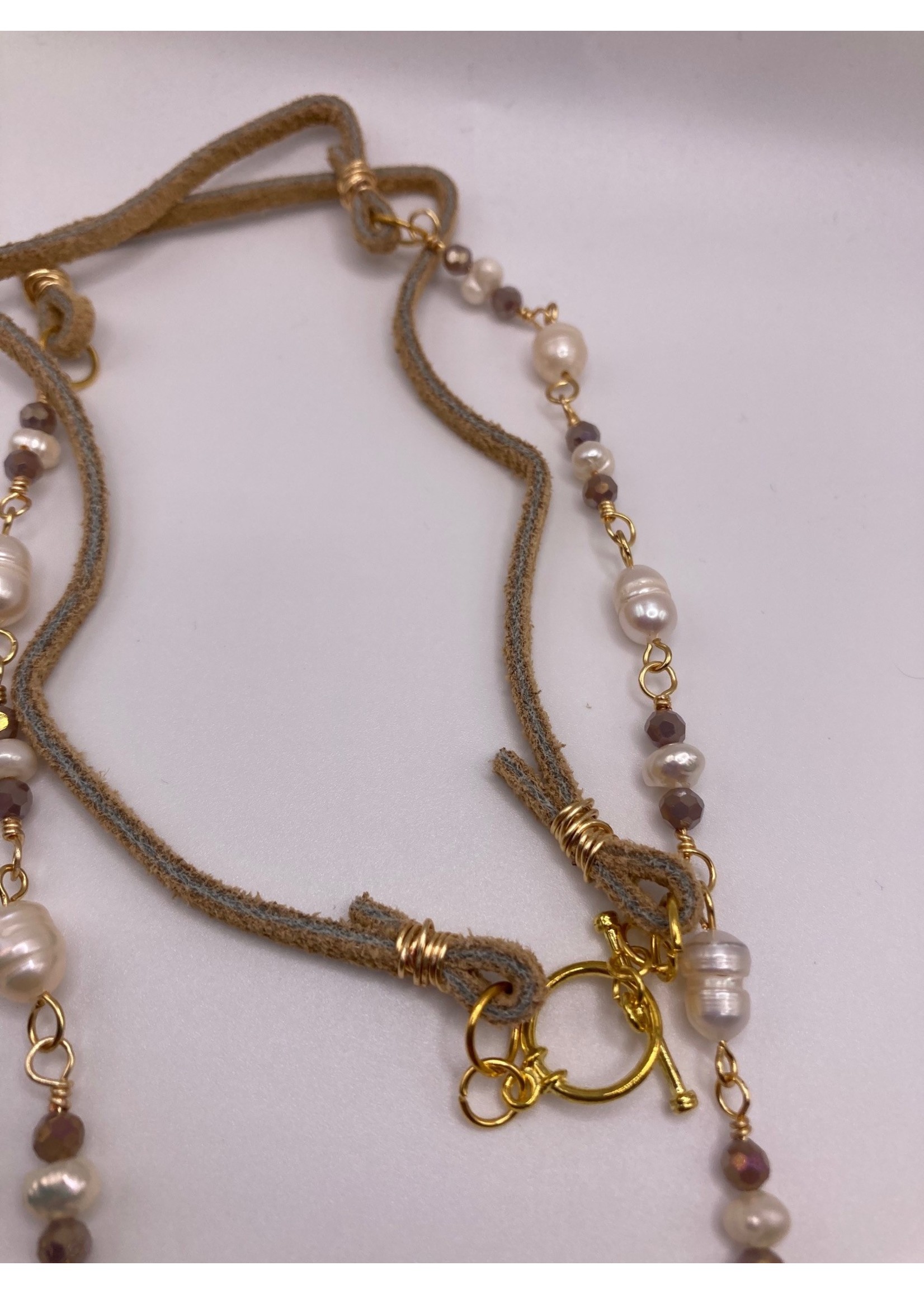 Our Twisted Dahlia N202 Chalcedony Pendant with Freshwater Pearls, Preciosa Crystals, Tan Suede Cording with Gold Wire