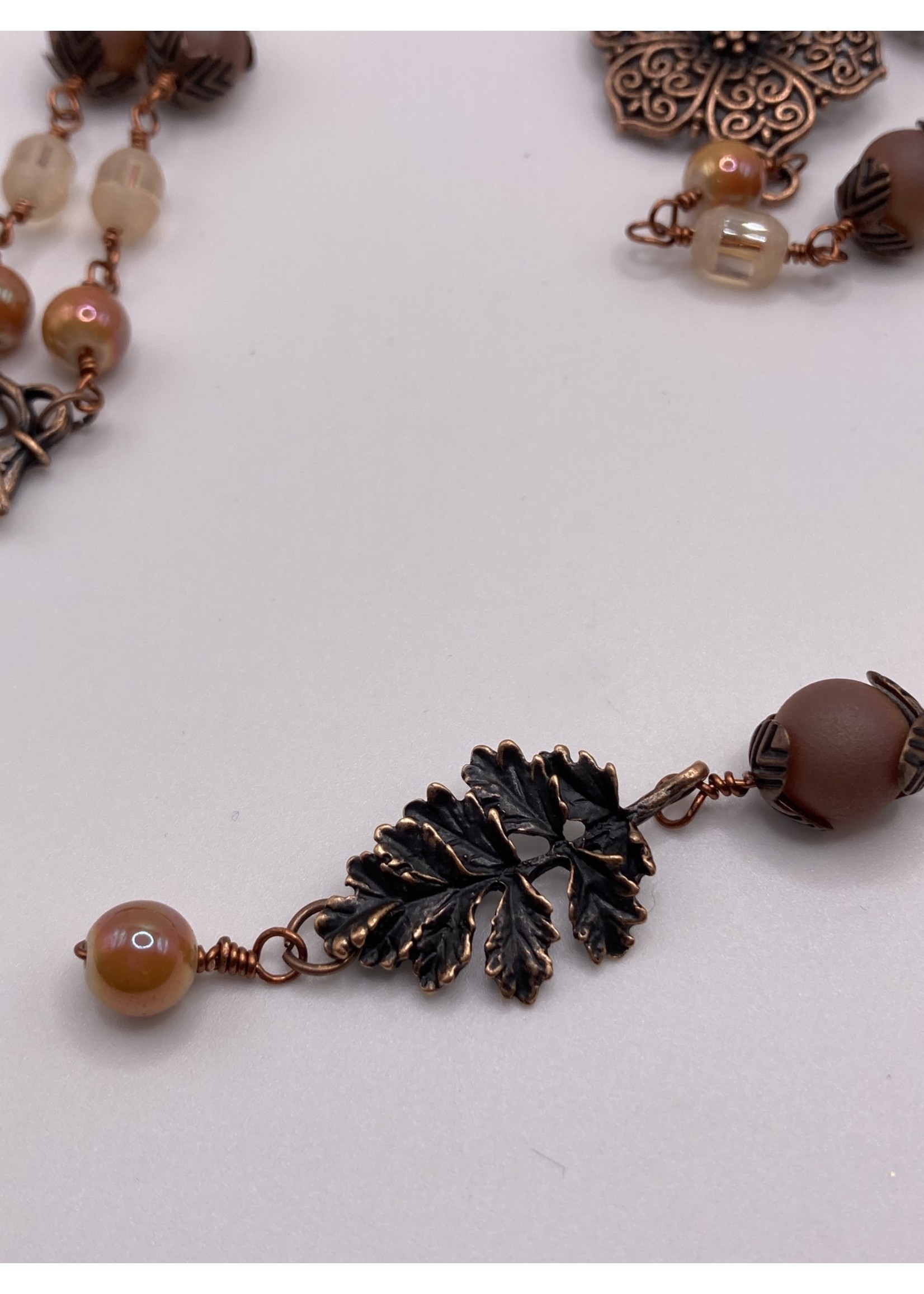 Our Twisted Dahlia N205 Vintage Antiqued Flowers and Leaf Focals with Druzy Beads with Glass Beaded Necklace