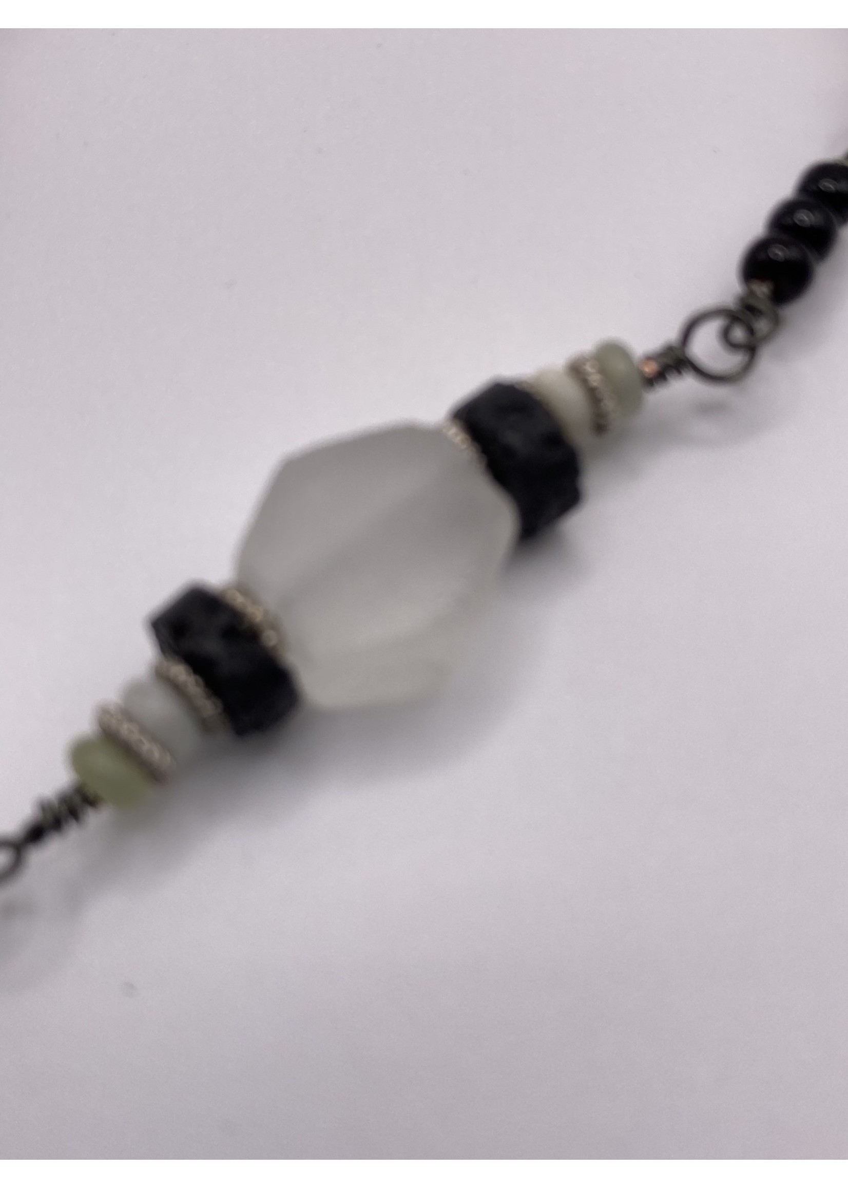Our Twisted Dahlia N200 Black Lava Beads, Milky Quartz, Jadeite Beads Necklace