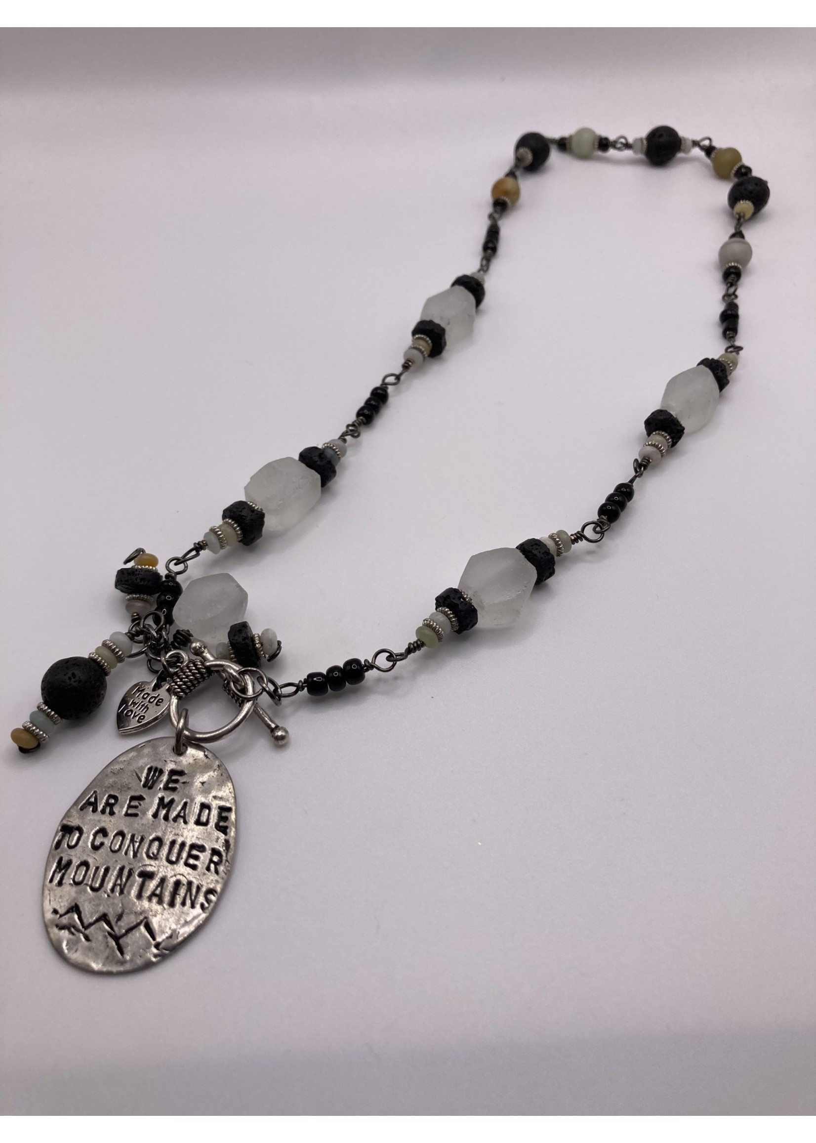 Our Twisted Dahlia N200 Black Lava Beads, Milky Quartz, Jadeite Beads Necklace