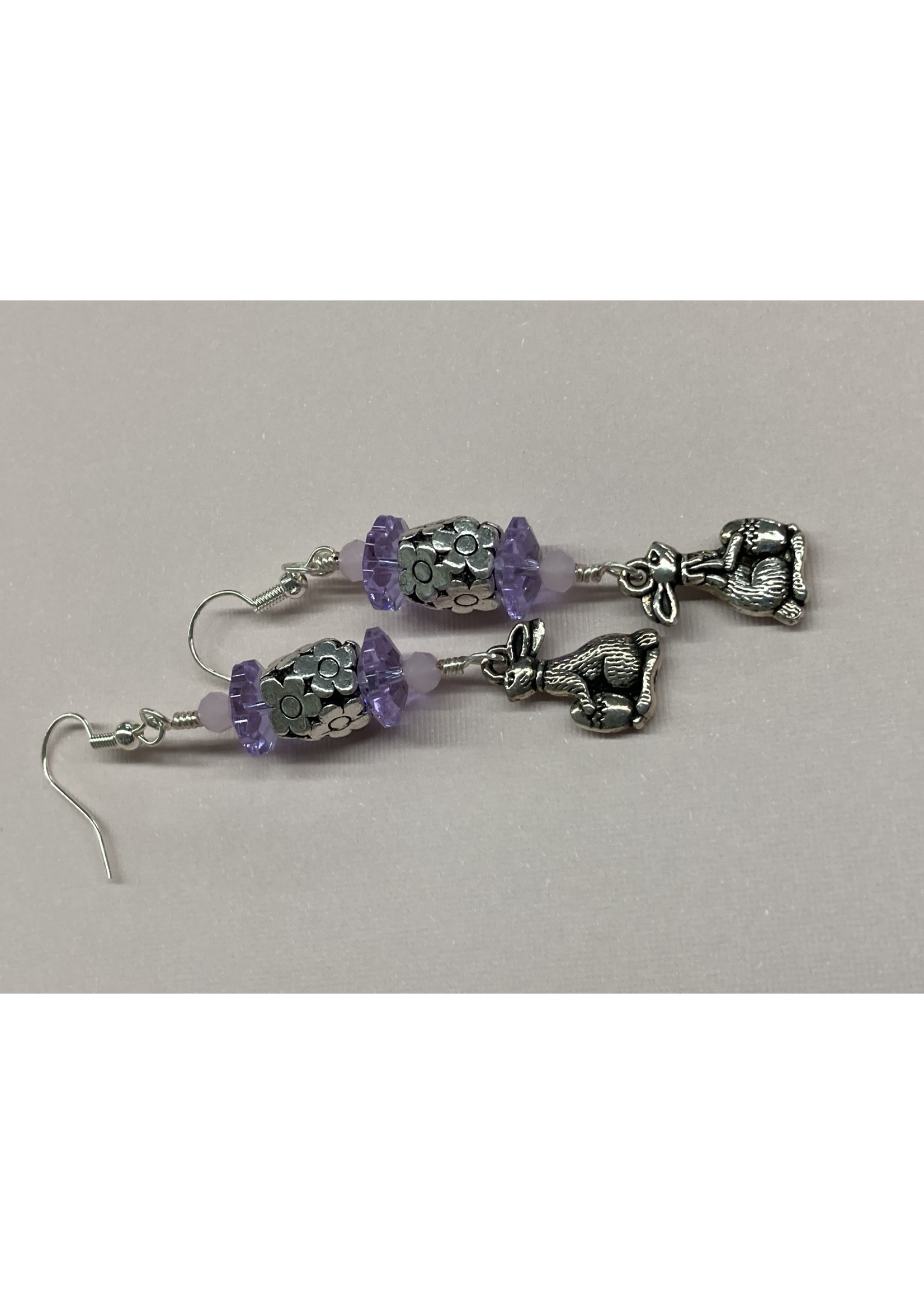 Our Twisted Dahlia E008 Silver Rabbit Charm with Silver Daisy Beads, Daisy Crystals, and Pink Crystal Earrings