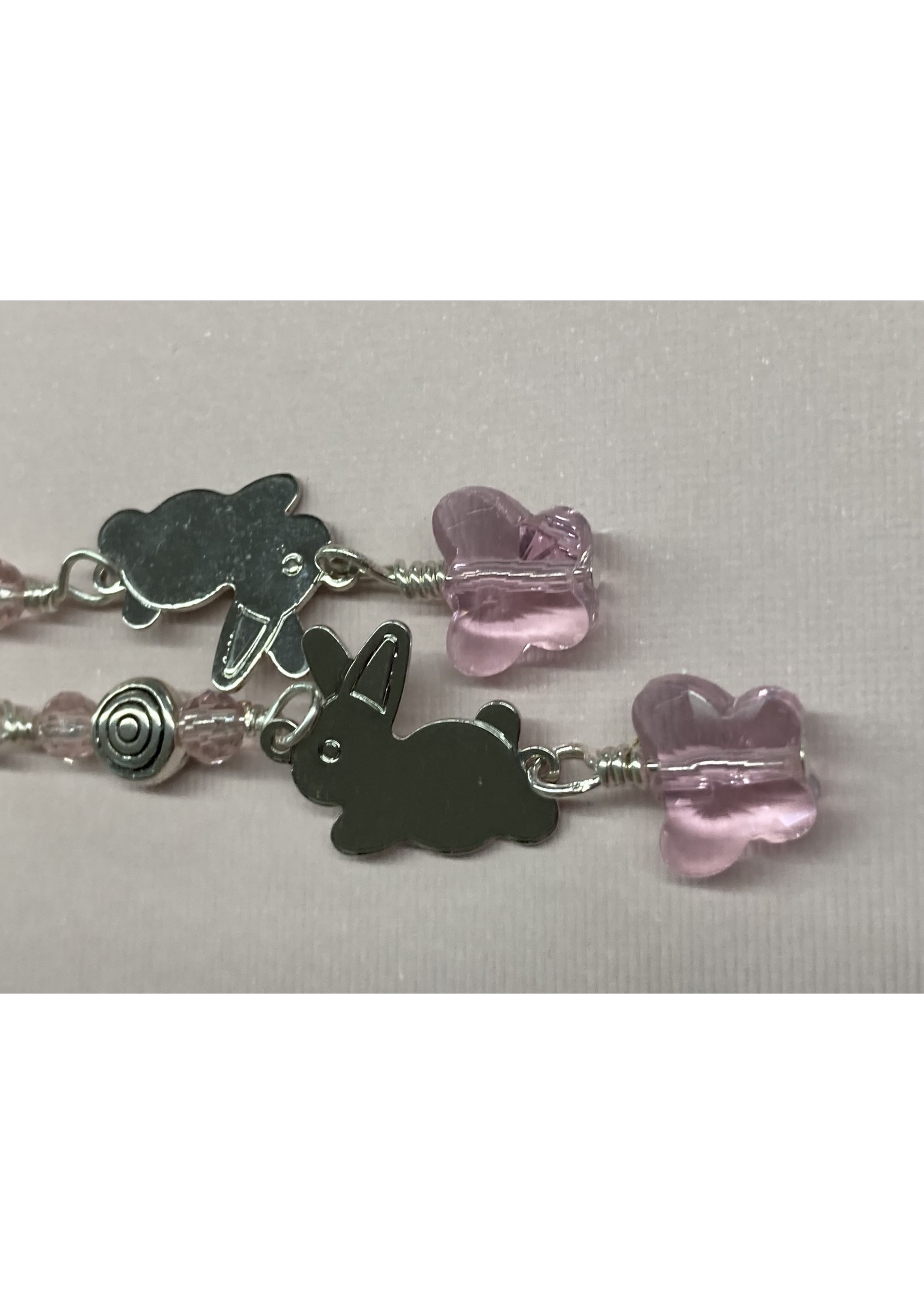 Our Twisted Dahlia E010 Silver Bunny Charms with Pink Crystal Butterflies, Silver Swirl Beads, and Pink Crystal Earrings