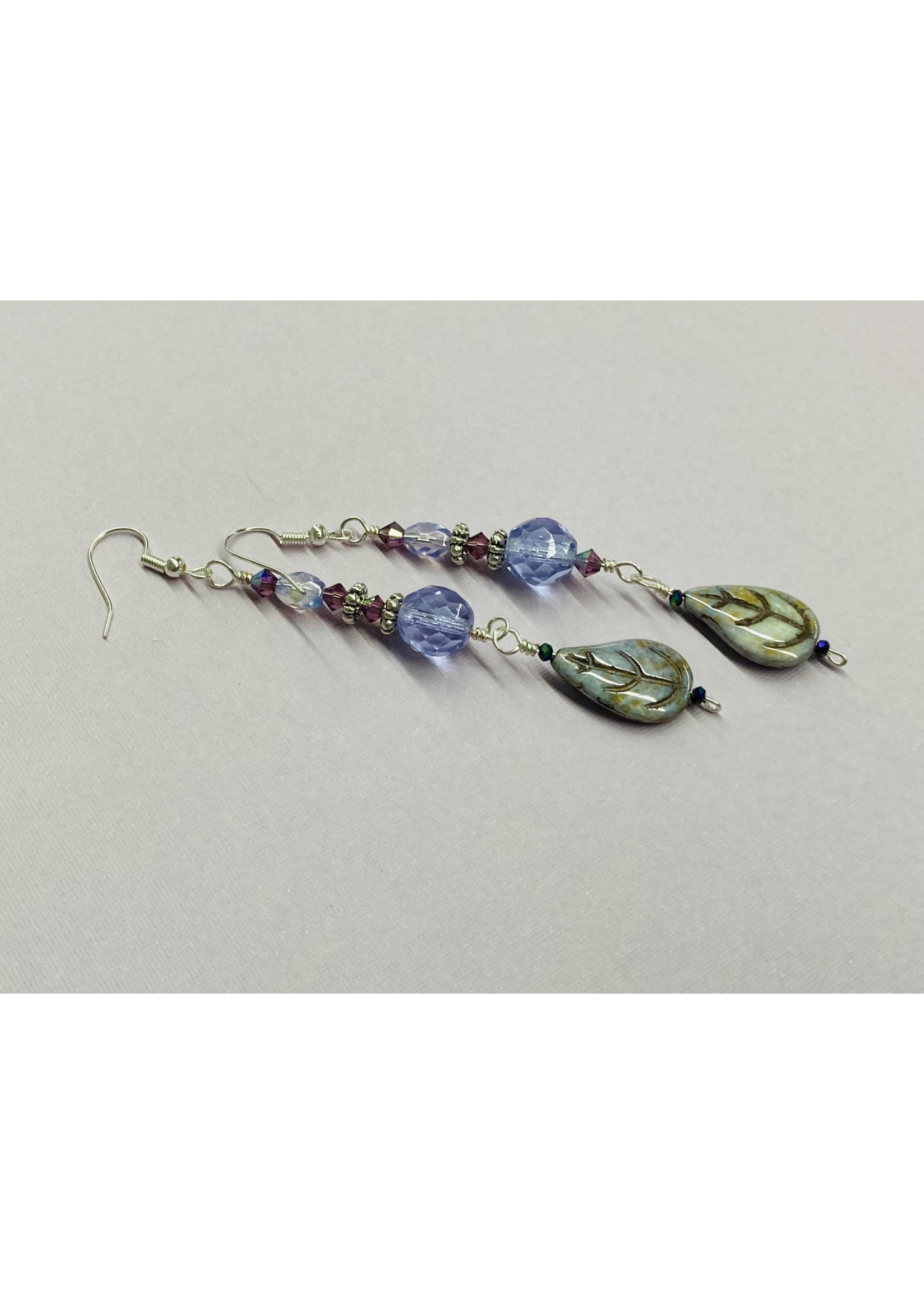 Our Twisted Dahlia E013 Lavender and Purple Crystals Accented with Silver Findings and Czech Glass Leaf Earrings