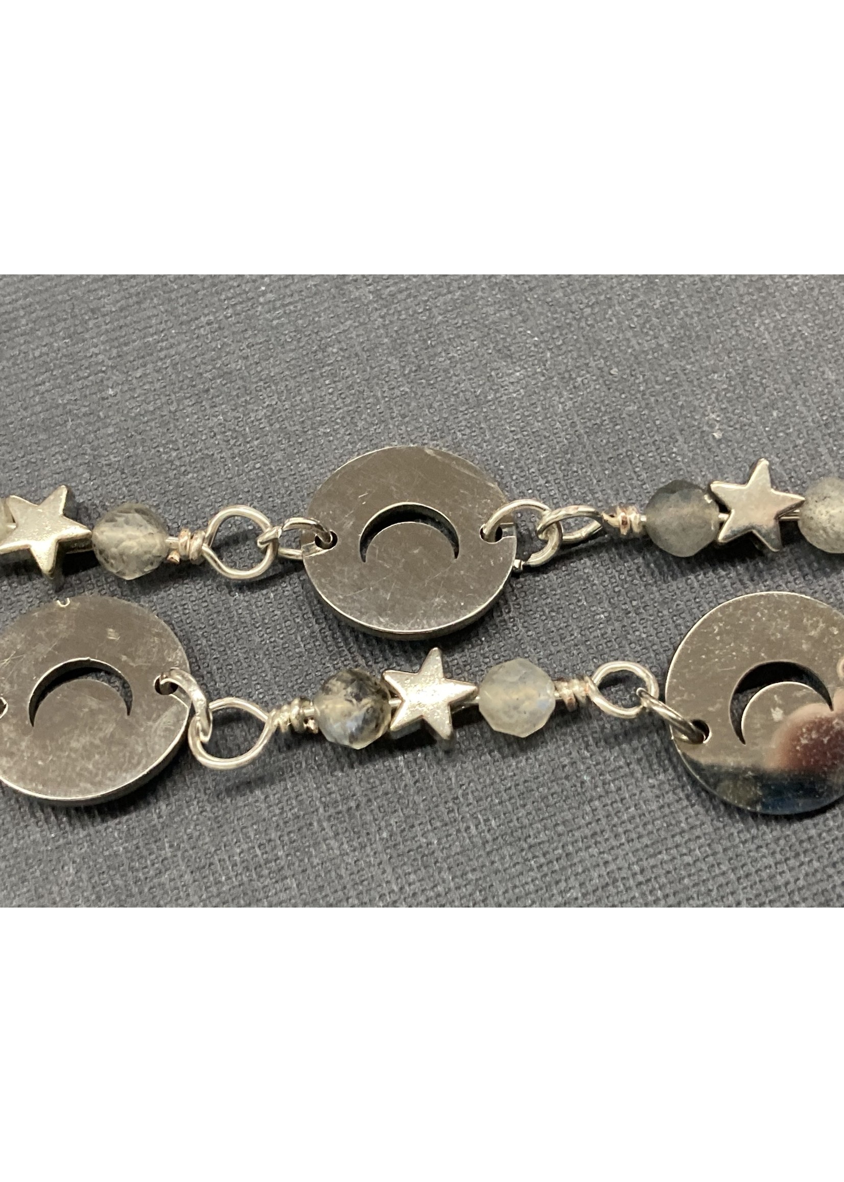 Our Twisted Dahlia E015 Silver Stars and Crescent Moon with Labradorite Crystal Earrings