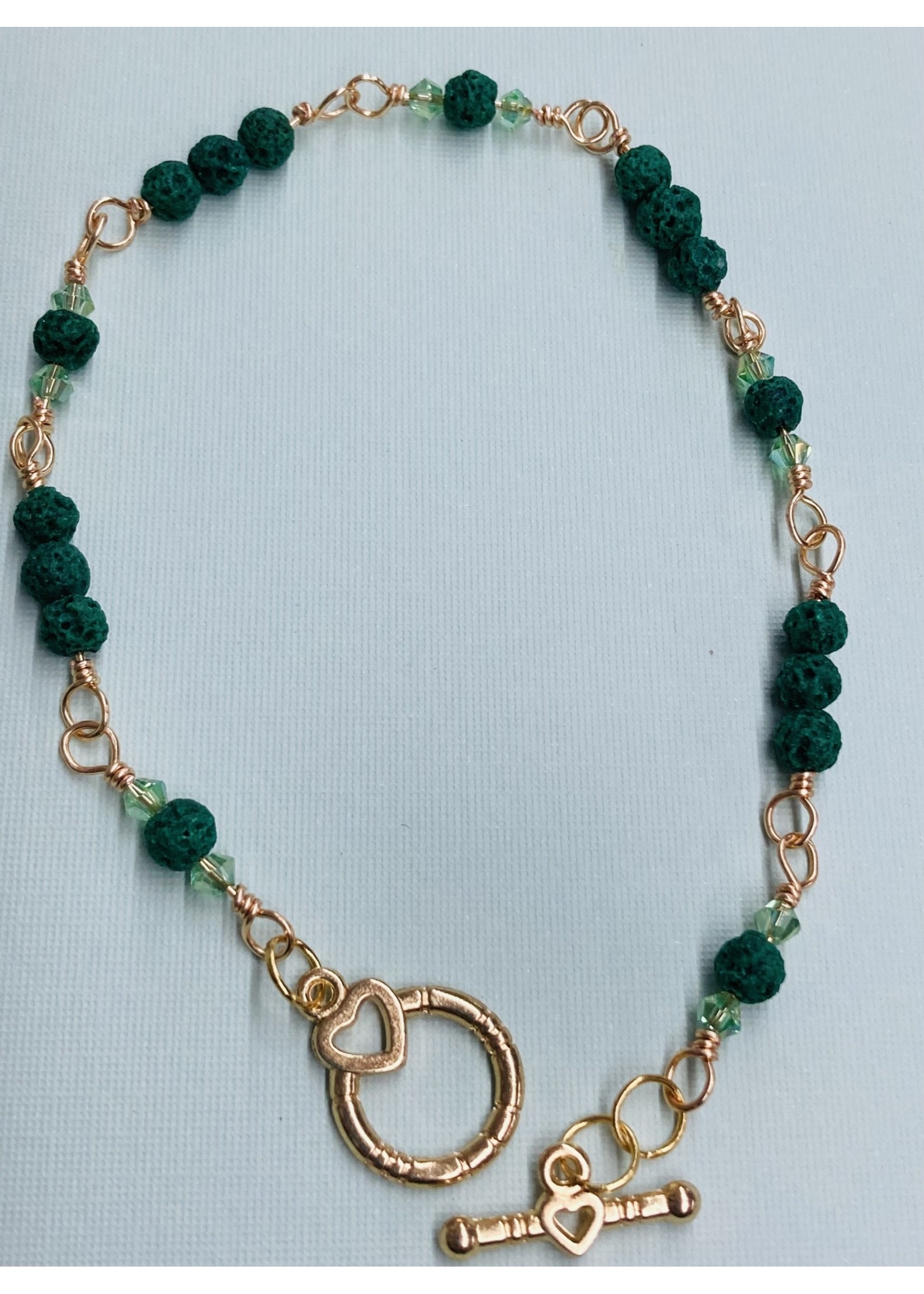 Our Twisted Dahlia B001 Green Lava Beads with Green Crystals with Gold Accent Bracelet