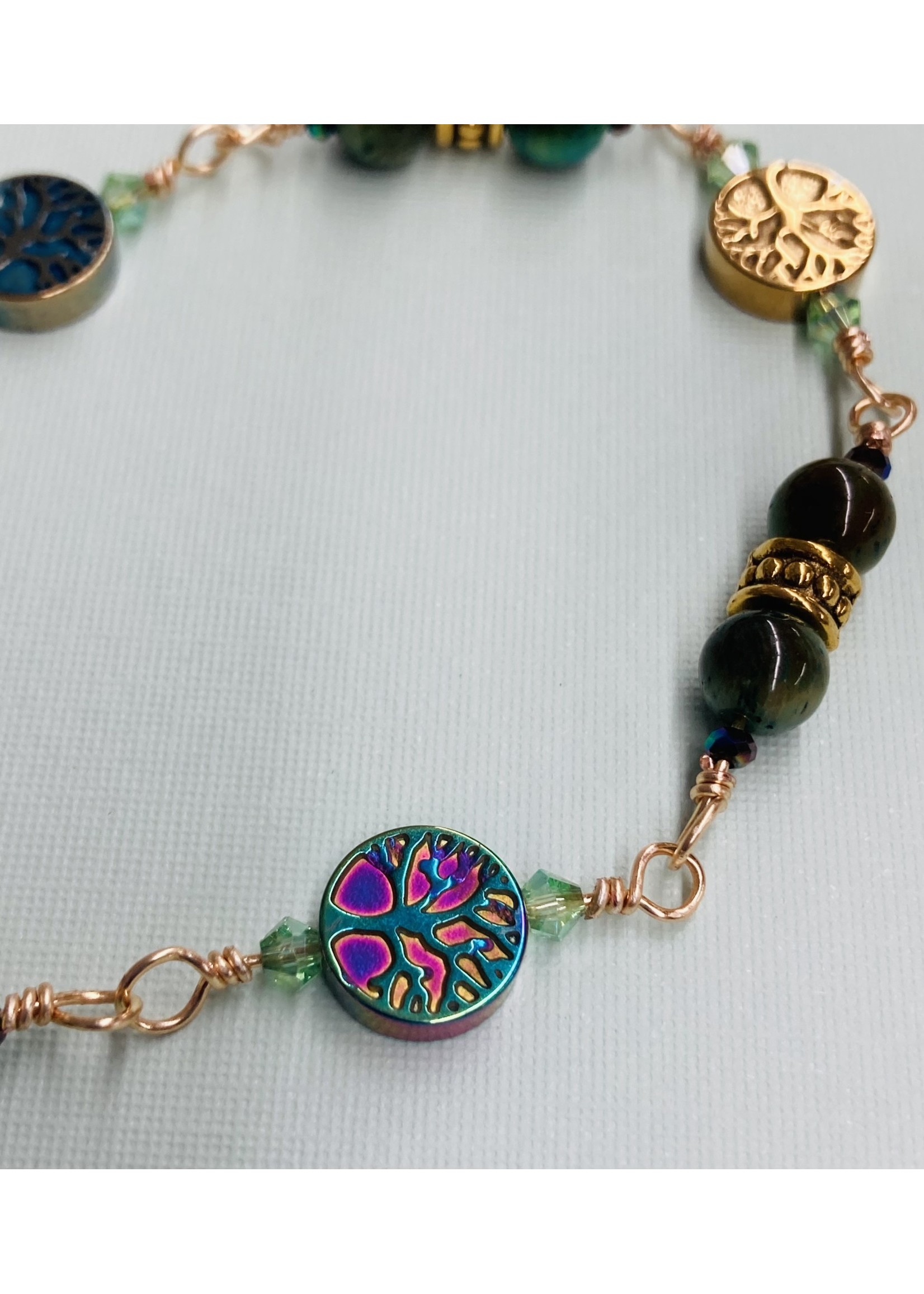Our Twisted Dahlia B002 Galaxy Tiger Eye Beads with Iridescent Metallic Tree of Life Beads with Gold Accent Bracelet