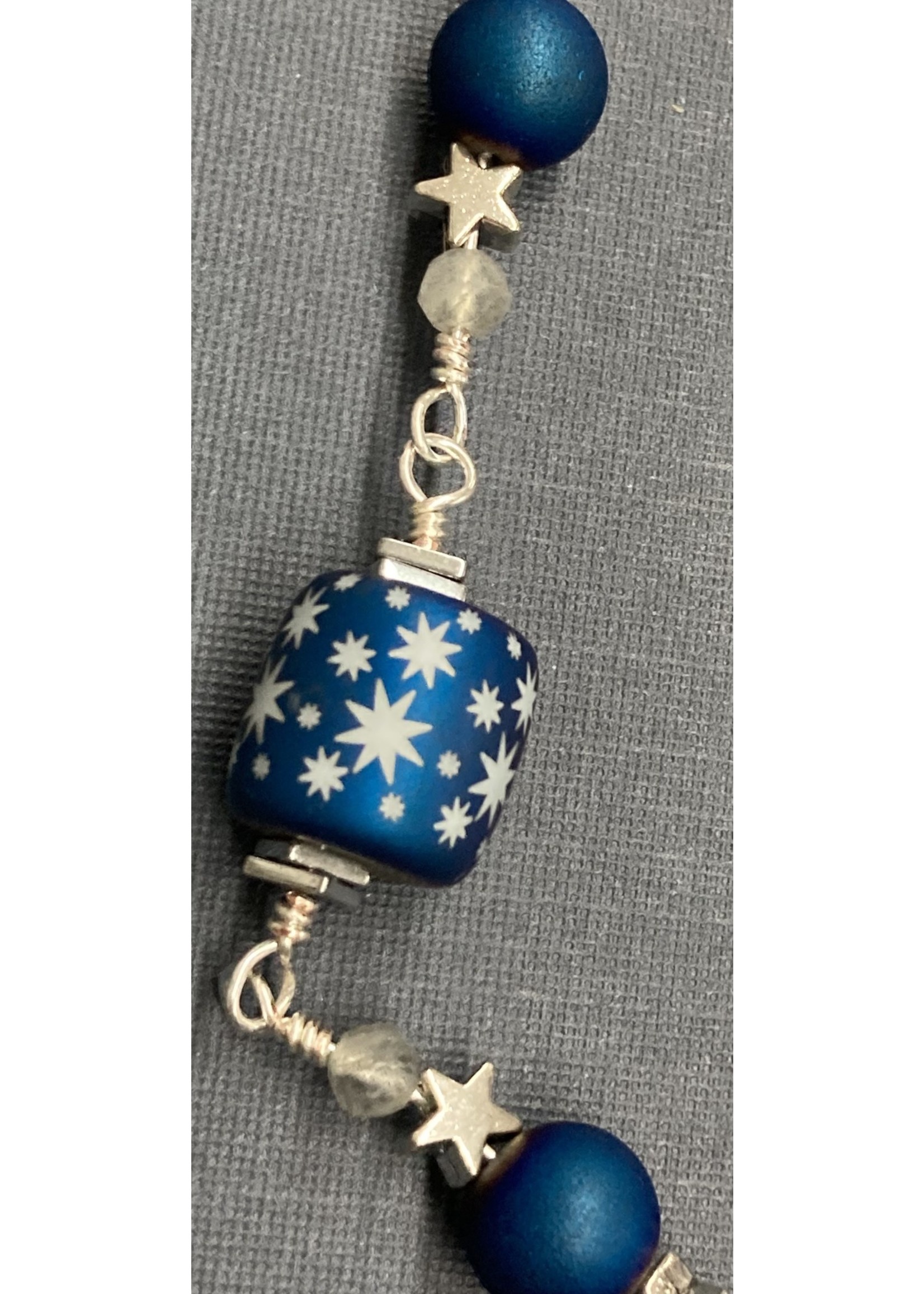 Our Twisted Dahlia B006 Iridescent Blue Barrel Beads with Stars, Hematite, Labradorite Beads, and Silver Star Bracelet