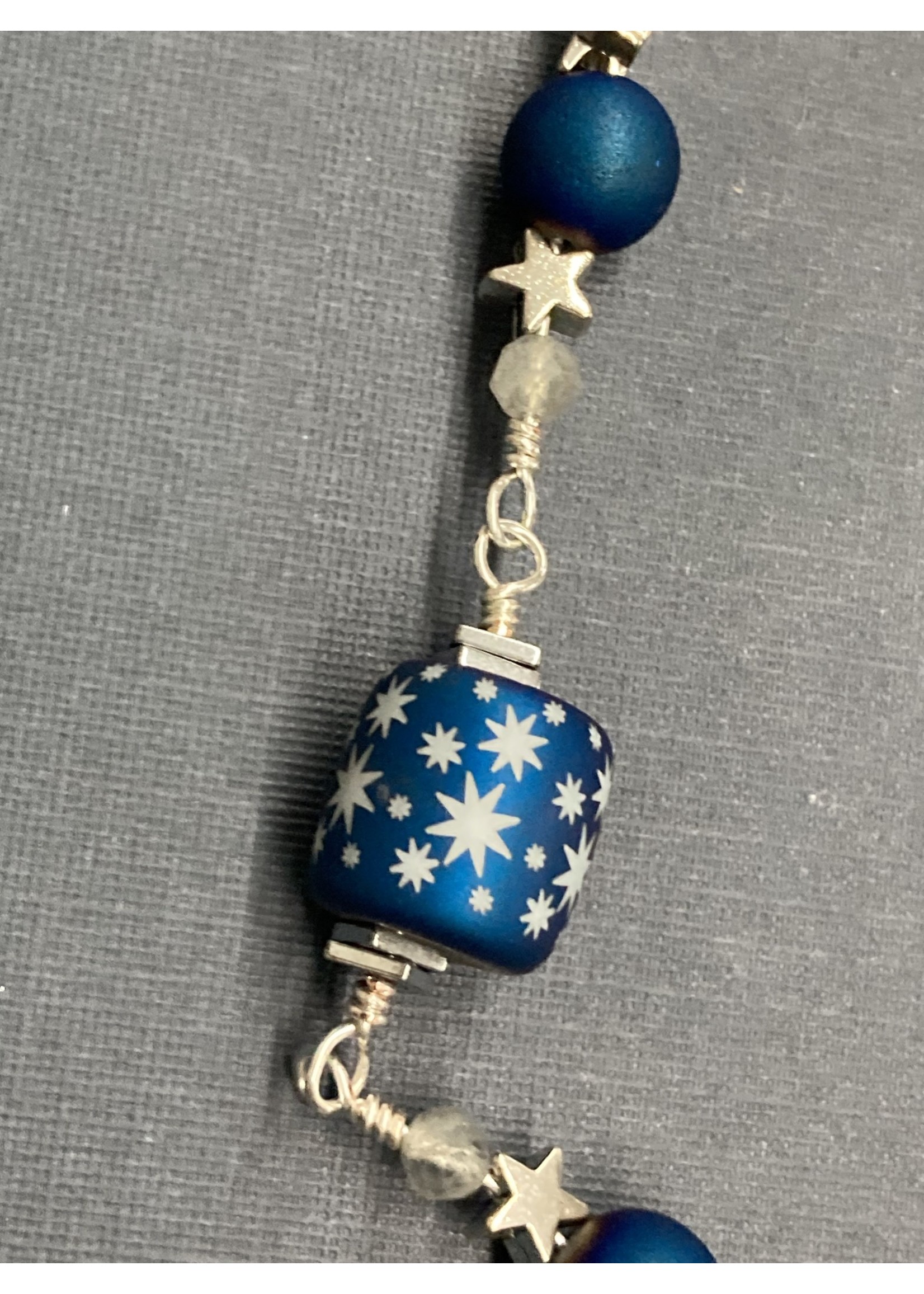 Our Twisted Dahlia B006 Iridescent Blue Barrel Beads with Stars, Hematite, Labradorite Beads, and Silver Star Bracelet