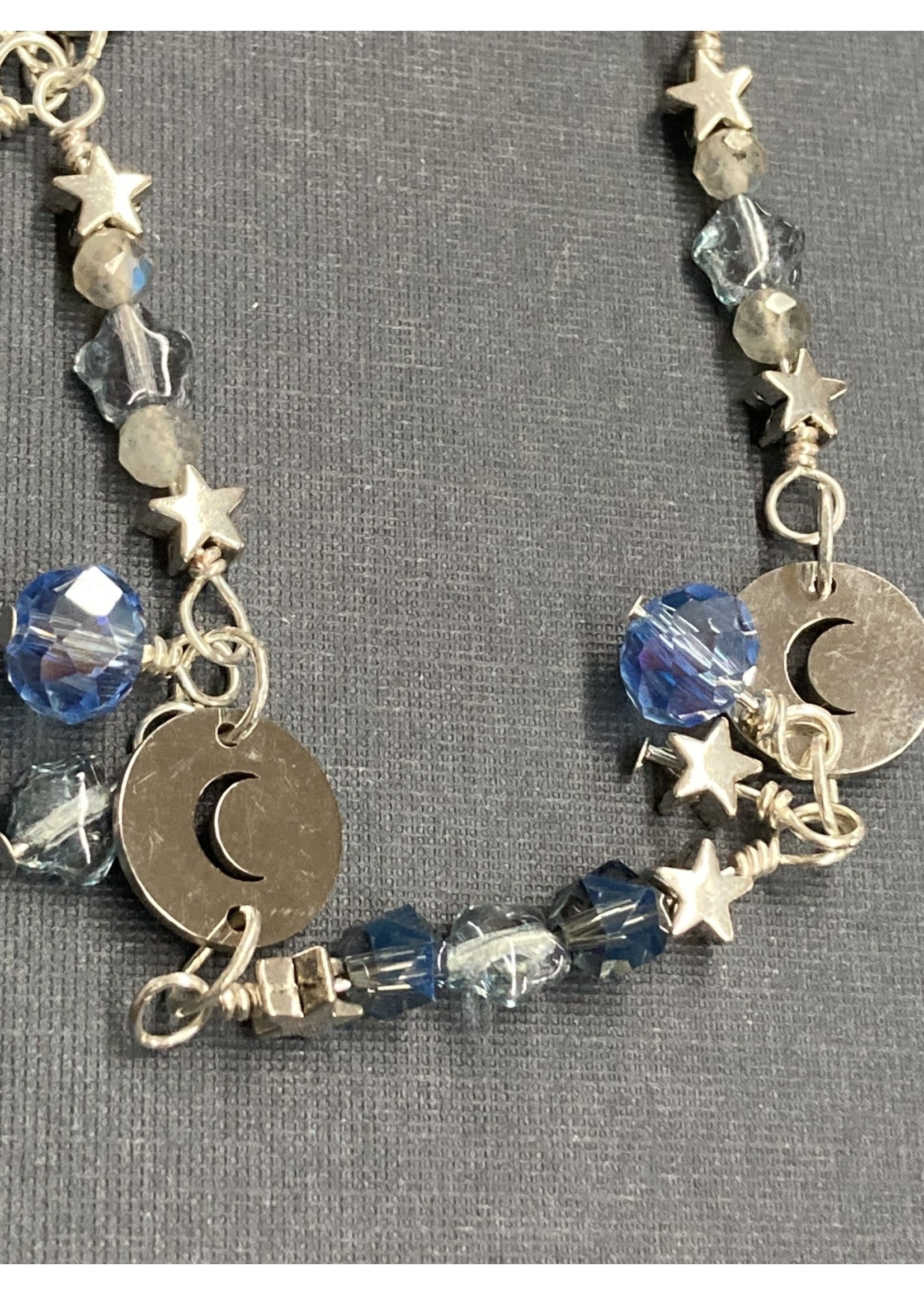Our Twisted Dahlia B208 Crescent Moon Connectors, Blue Crystals and Stars and Labradorite Beads Bracelet