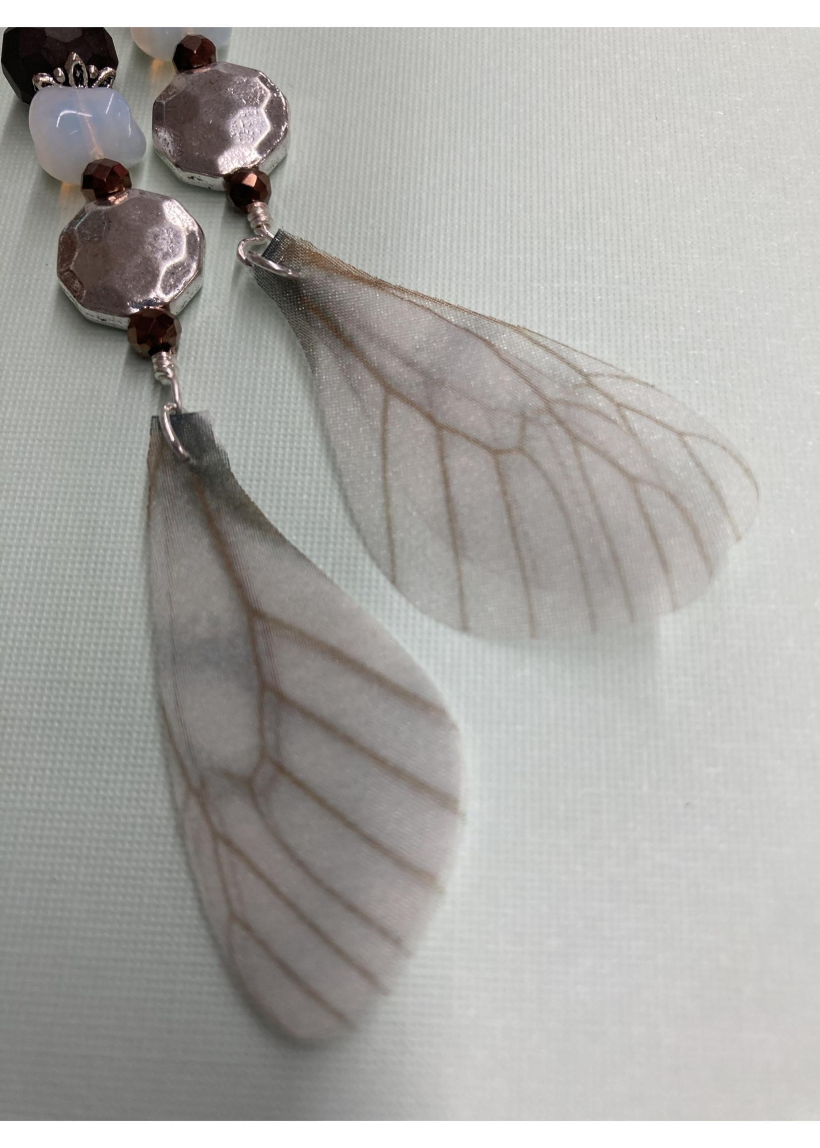 Our Twisted Dahlia E020  White Fairy Wings with Metal and Glass Bead Earrings