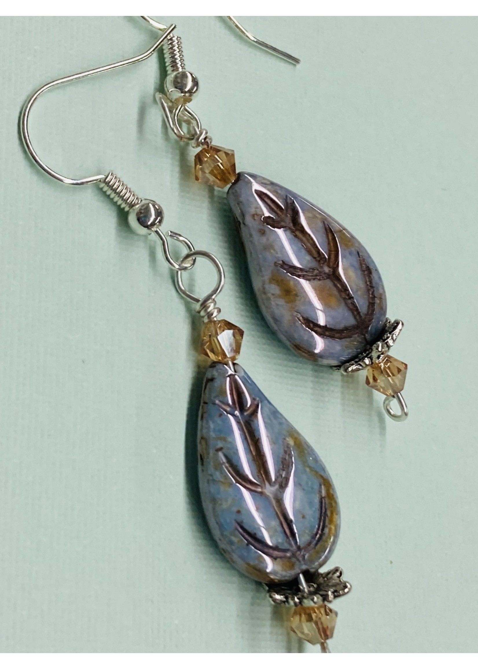 Our Twisted Dahlia E021 Lavender and Gold Czech Glass Leaf with Gold Crystals with Silver Accent Earrings