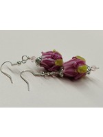 Our Twisted Dahlia E022 Pink Lampwork Rose with Pink Crystal and Silver Accent Earrings