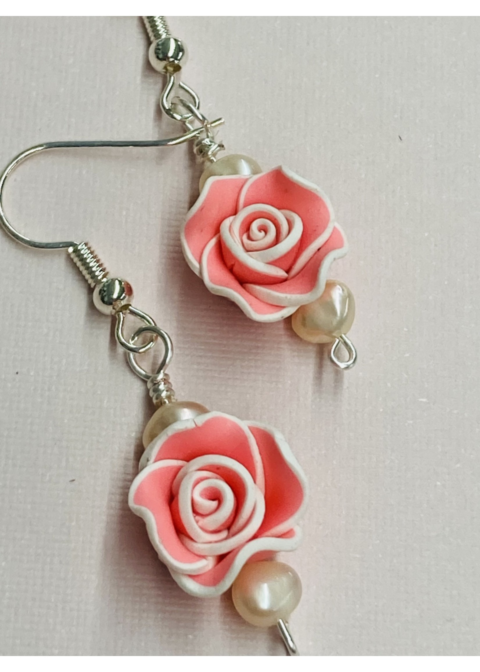 Our Twisted Dahlia E023 Pink and White Polymer Clay Rose with Freshwater Pearl Earrings